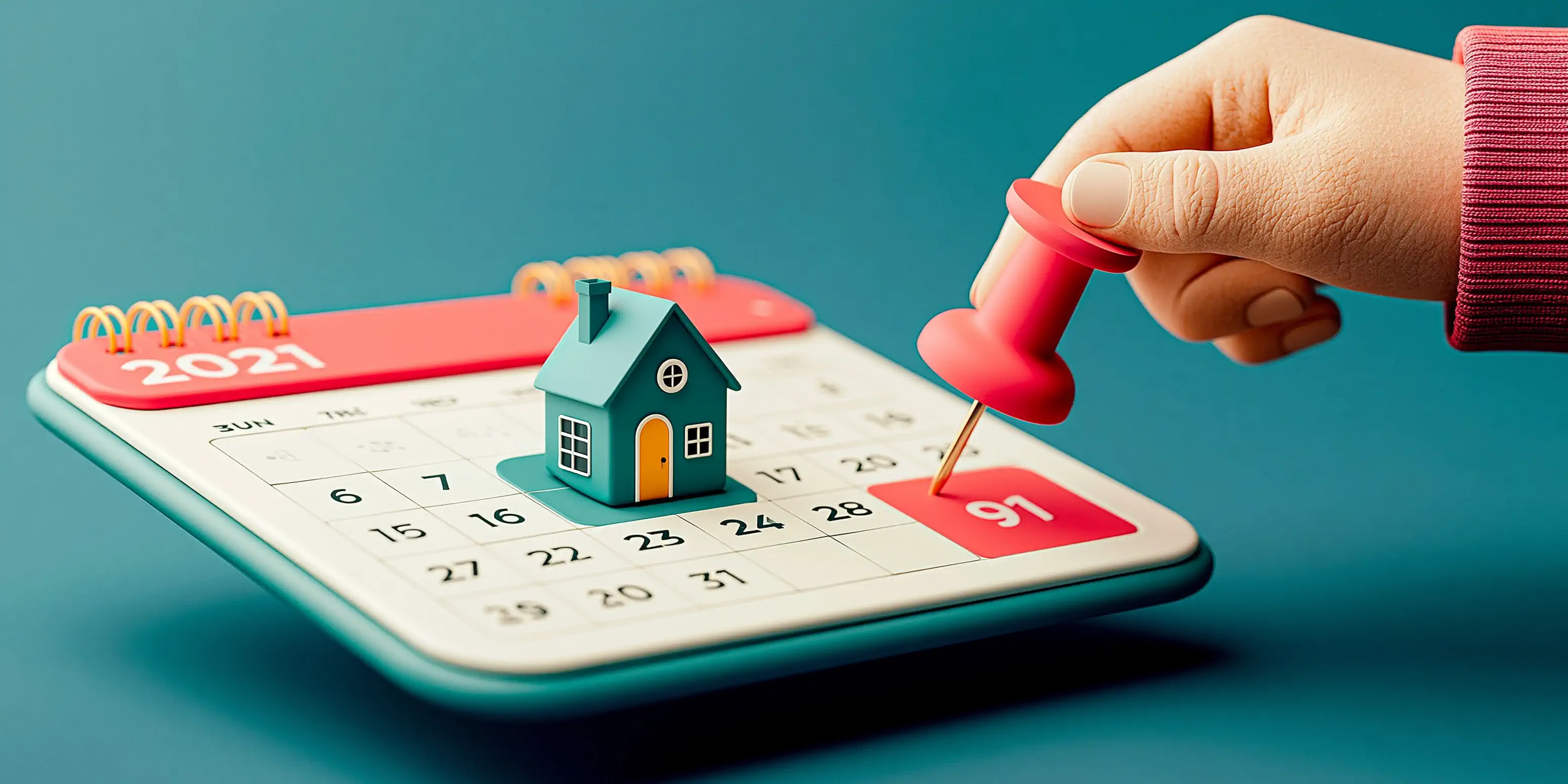 A matte-clay calendar for scheduling real estate showings, with a coral house key marking an appointment and a teal reminder bell on a navy background