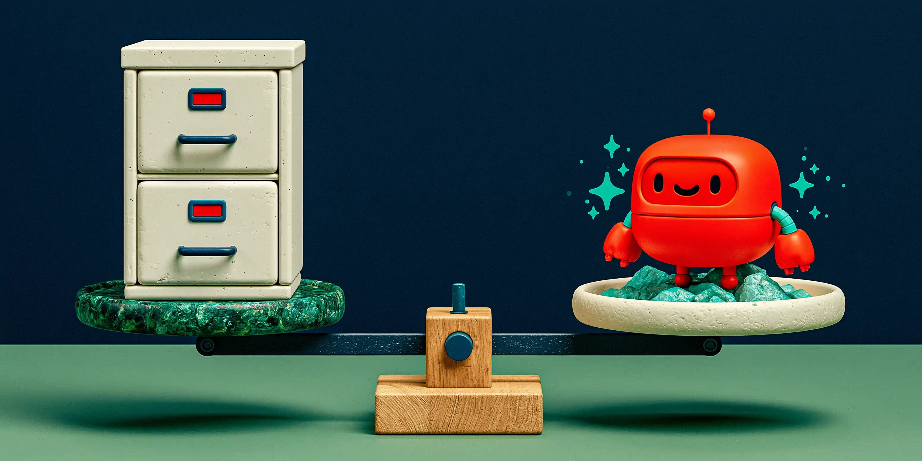 AI agent vs traditional CRM comparison: a clay scale with a static bone-colored filing cabinet (the CRM) on one side and a moving coral AI agent with teal sparkles weighing more on the other, on a navy background