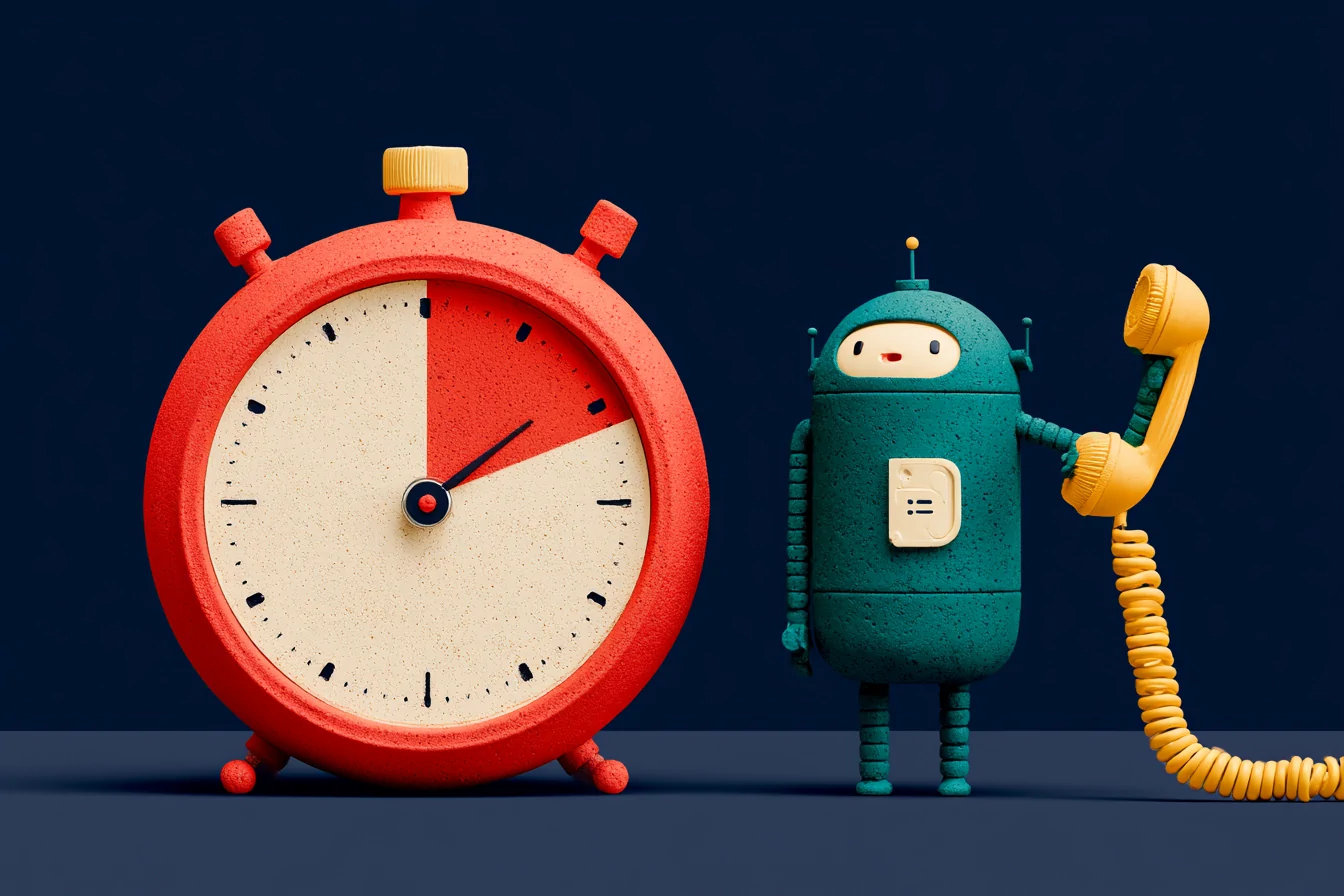 A coral clay hourglass with the sand running out next to a ringing teal phone, on a navy background: the small business chooses between a CRM that organizes and an AI agent that answers in time