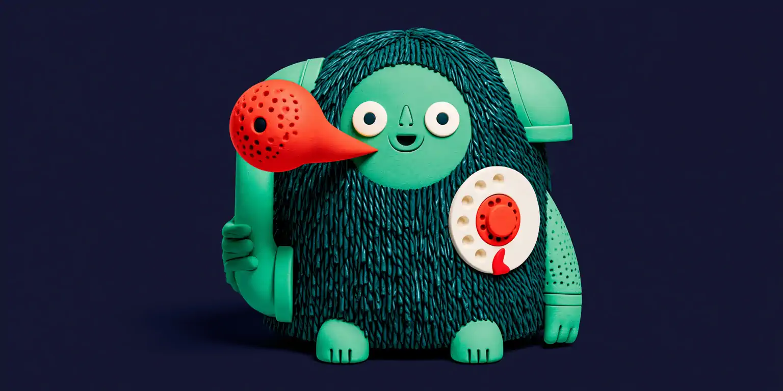 An AI voice agent that sounds human: a soft sound wave coming out of a phone with a speech bubble, matte clay style in coral and teal on navy