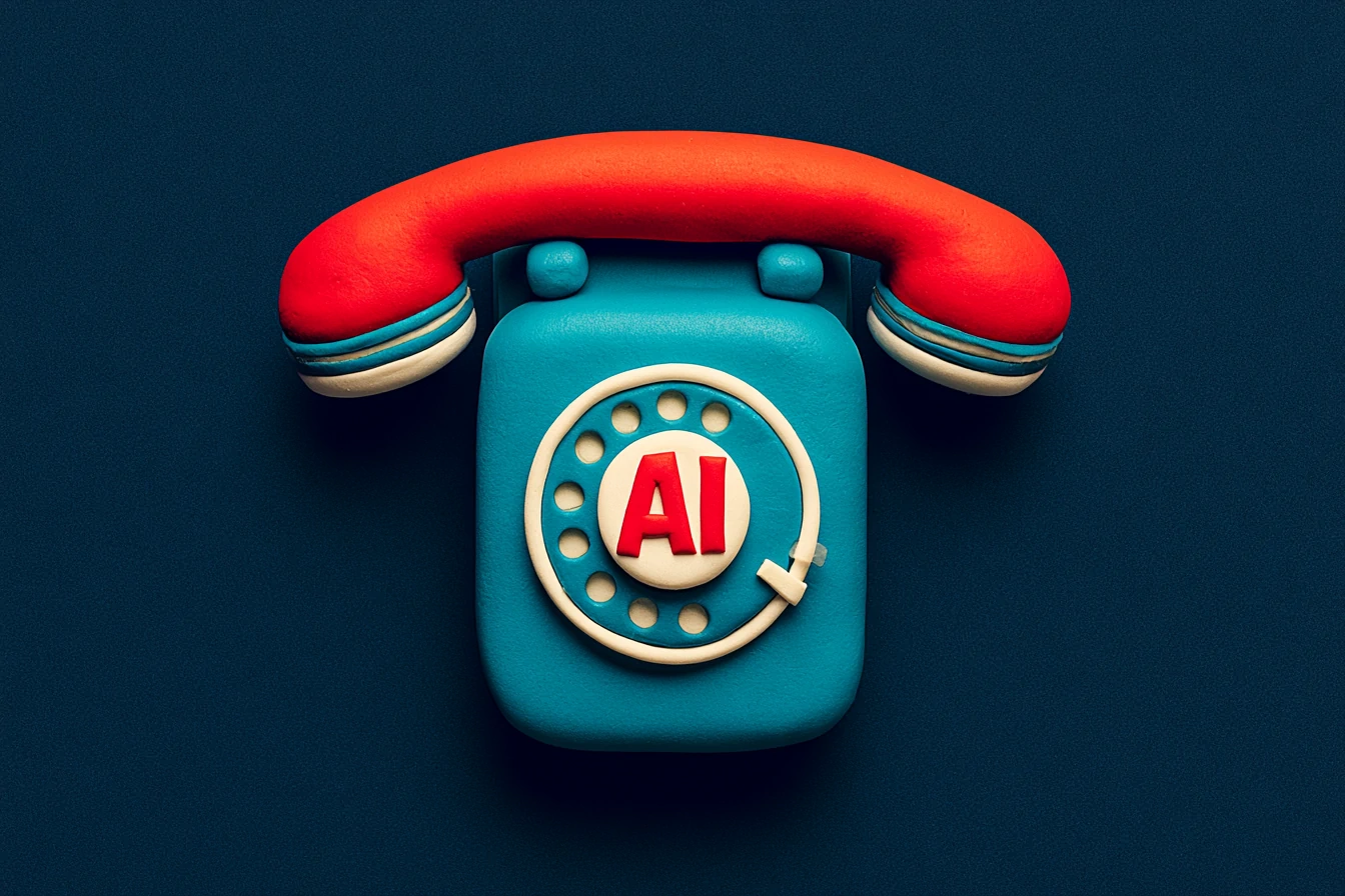 A matte-clay badge with the word AI next to a phone and a handshake: disclosing that it's an AI voice agent builds trust on the call