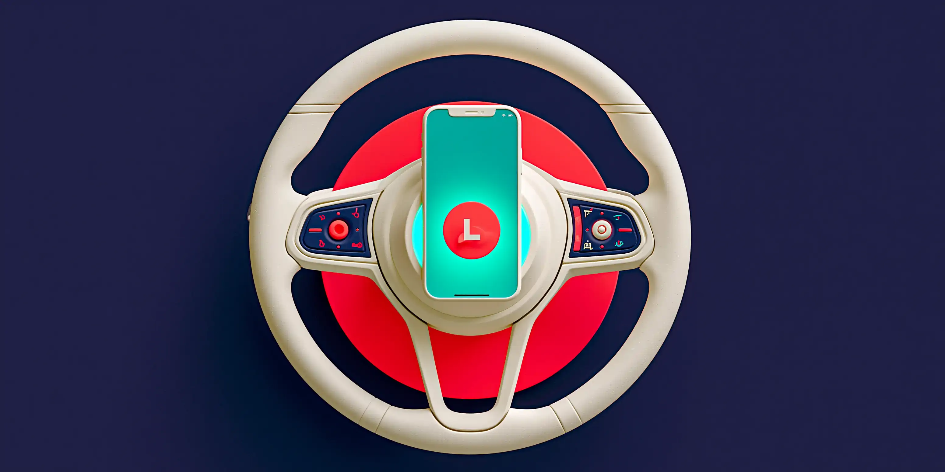 AI receptionist for driving schools: a steering wheel with a coral L and a phone showing an enrollment confirmed by WhatsApp, clay style on a navy background