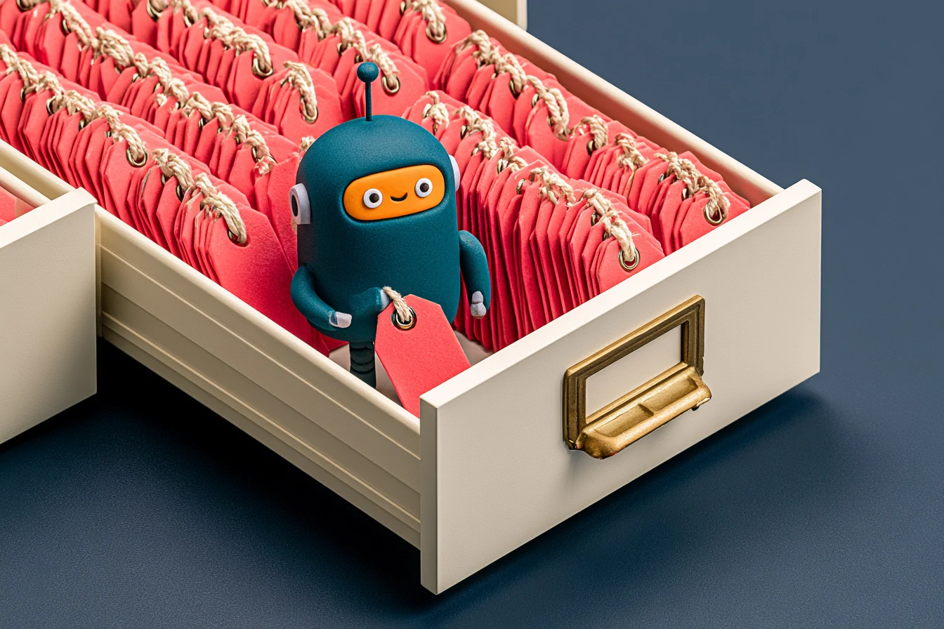 Knowledge base of the AI receptionist for driving schools: a folder of license rates and schedules connected by a teal thread to an AI brain, clay style on a navy background