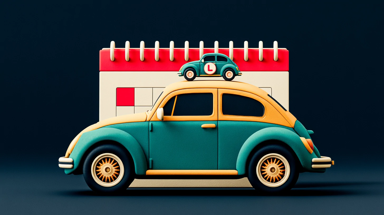 AI receptionist for driving schools answering instantly: a practice car with a coral L on the roof and a clock counting the seconds to reply, clay style on a navy background