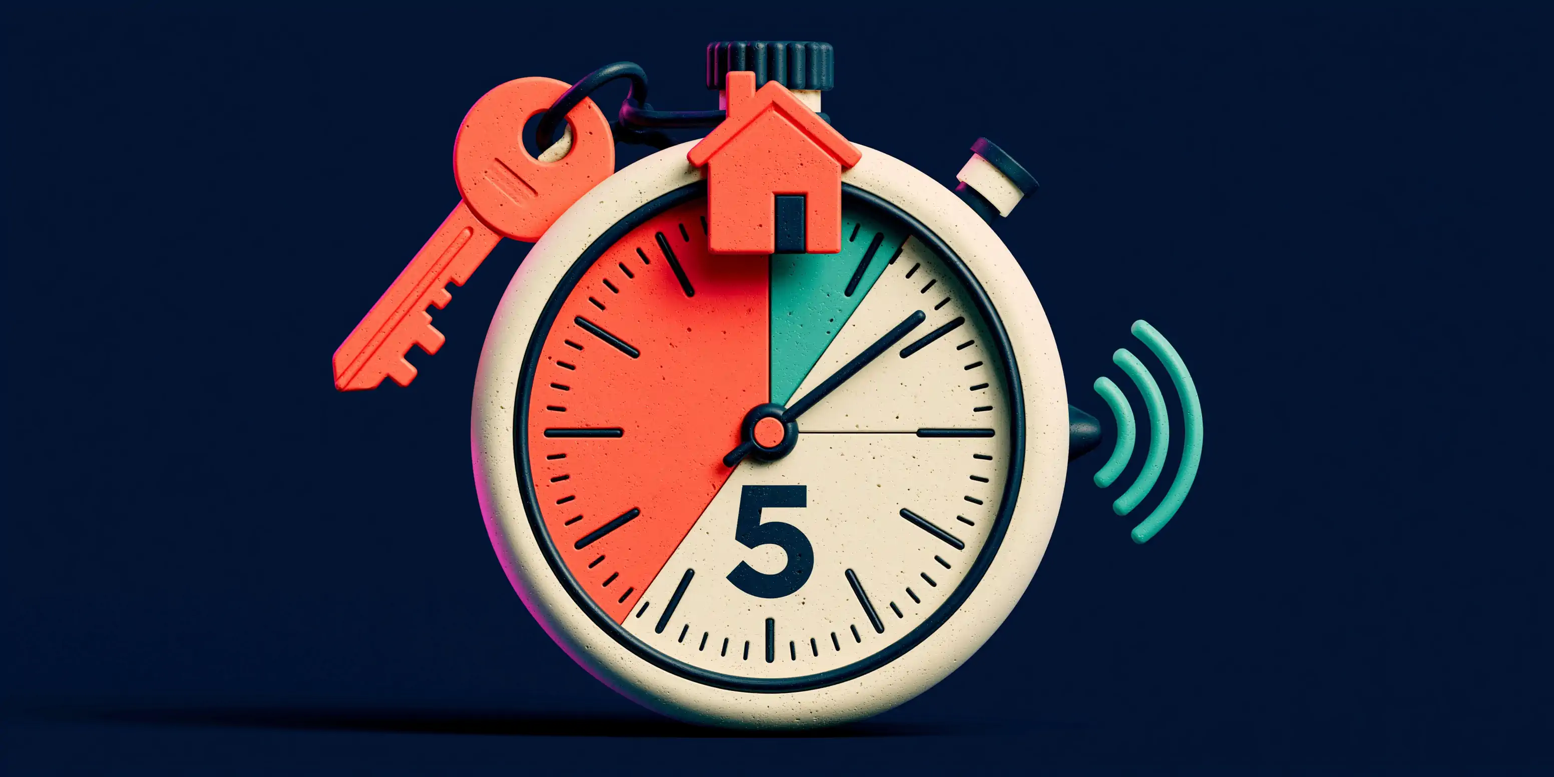 AI agent for real estate answering a portal lead in under 5 minutes, with an apartment building, a coral stopwatch and a floating chat