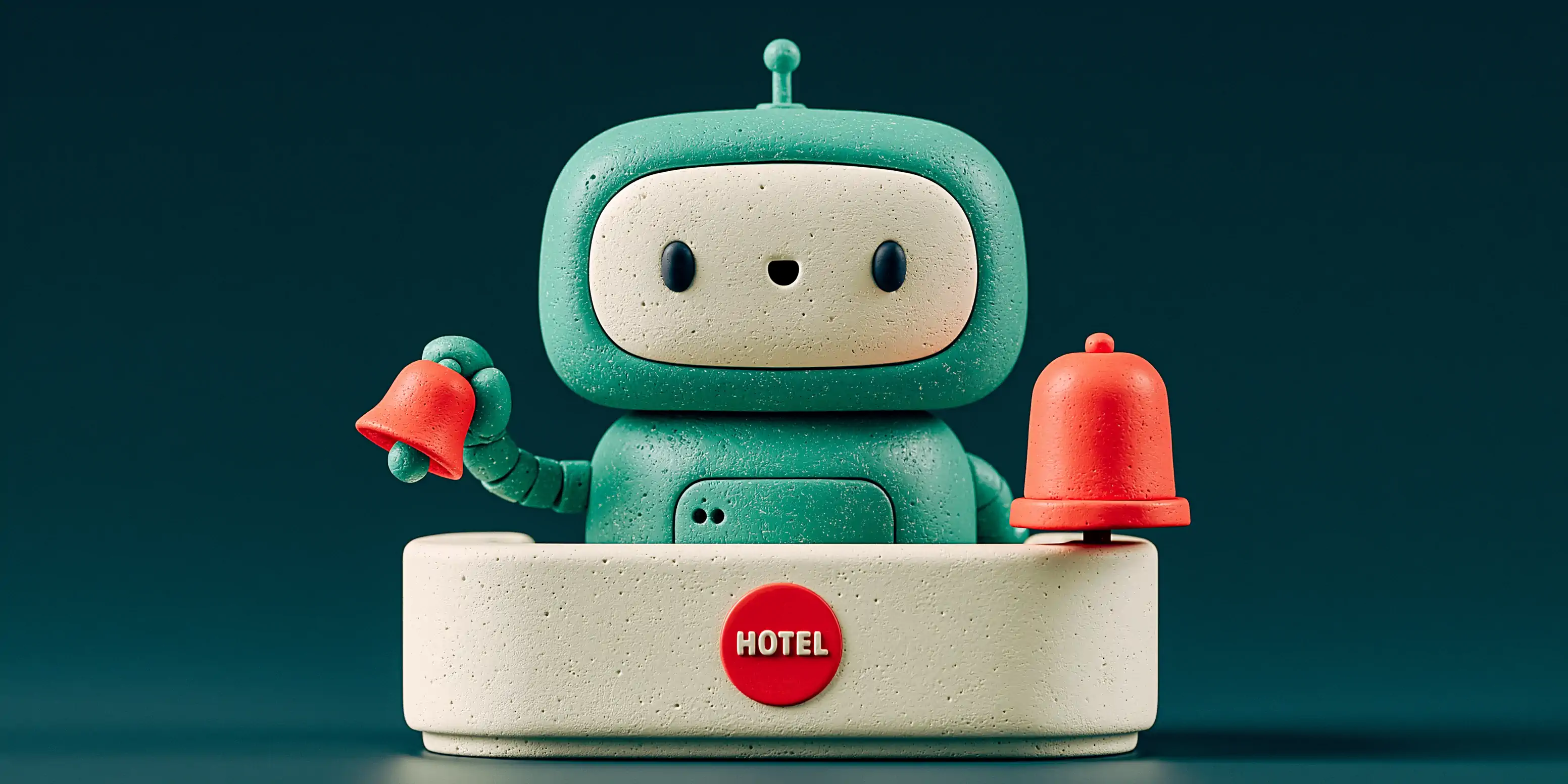 AI agent for hotels: a coral front-desk bell with multilingual chat bubbles orbiting in teal on a navy background