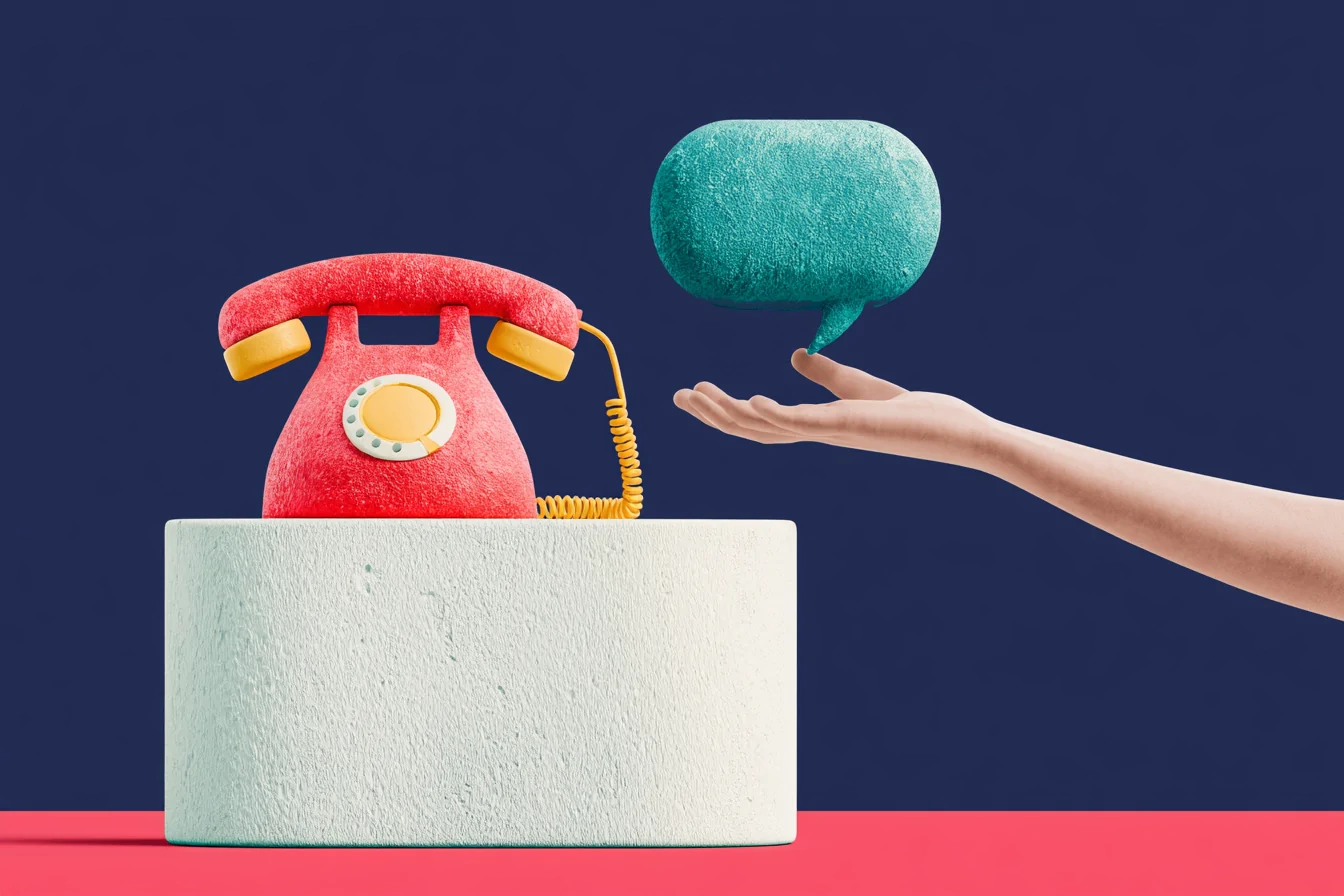 Handoff from the hotel's AI agent to a person: a chat conversation passing from an AI icon to a human front-desk hand in coral on a navy background