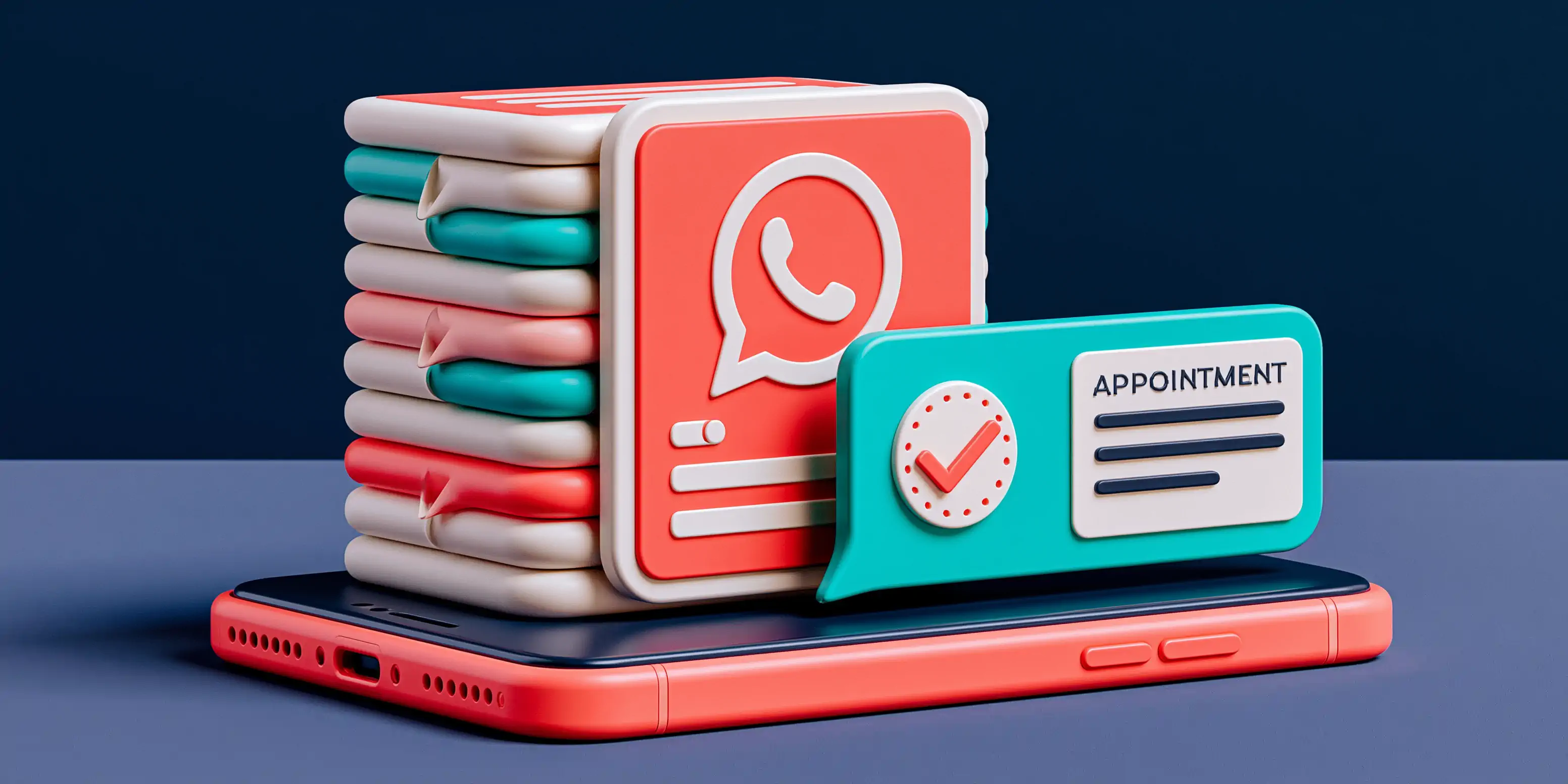AI receptionist for med spas: a treatment bed in an aesthetic clinic with a floating cell phone showing a full appointment calendar, clay coral and bone on navy style