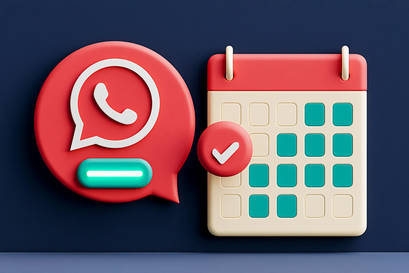 WhatsApp appointment reminder with a confirmation button filling an open slot in a med spa's calendar, clay teal and coral on navy style