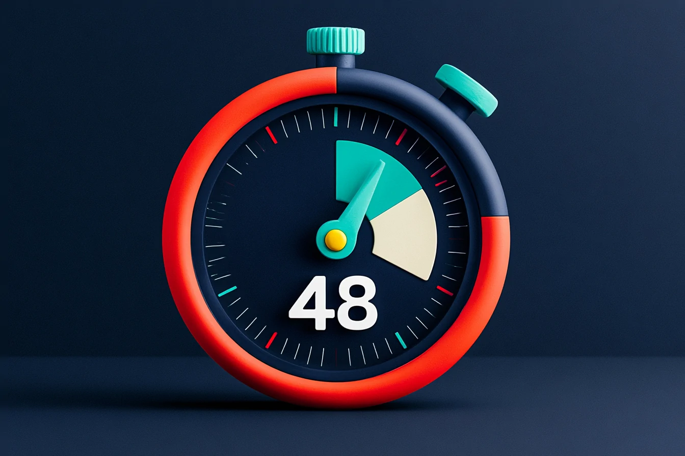 A coral stopwatch showing 48 hours next to a single first-win metric for the AI agent, on a navy background