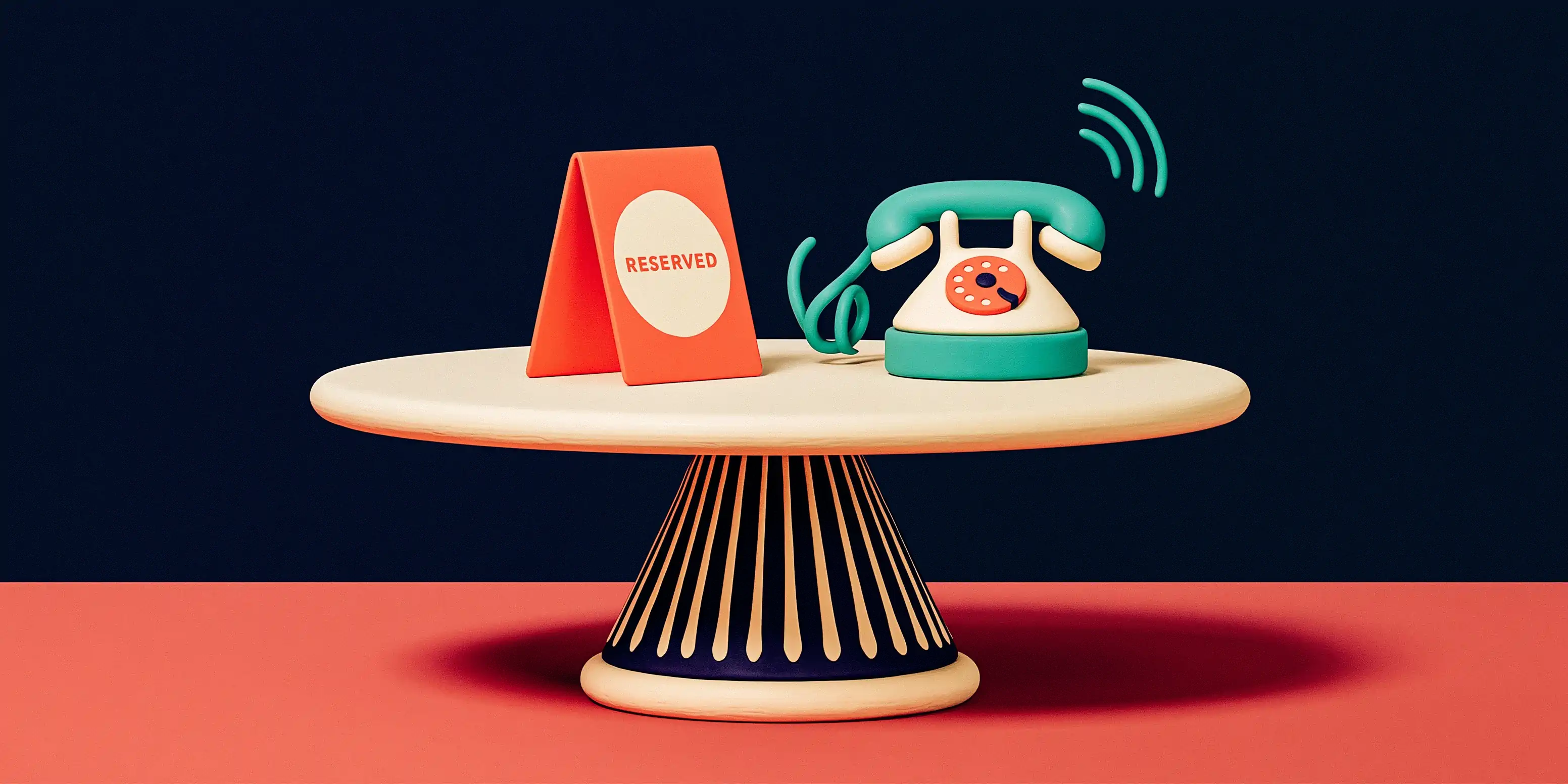 AI voice agent for restaurants: a matte clay render of a table with a coral reserved sign and a teal headset floating over a navy background