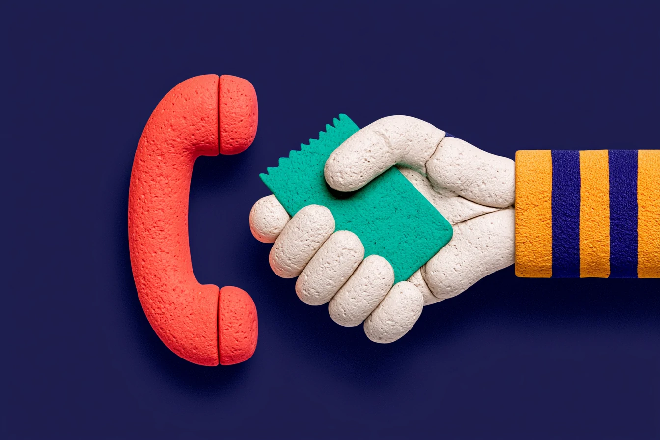 Warm handoff from the AI voice agent to the restaurant team: a teal headset passes a coral context card to a human hand on a navy background