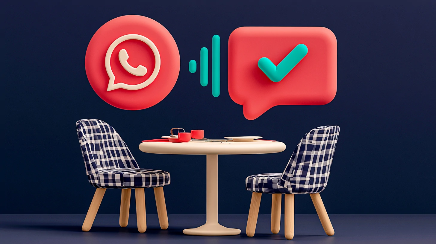 AI voice agent for restaurants confirming a reservation over WhatsApp on a coral smartphone, with a restaurant table in the background on navy