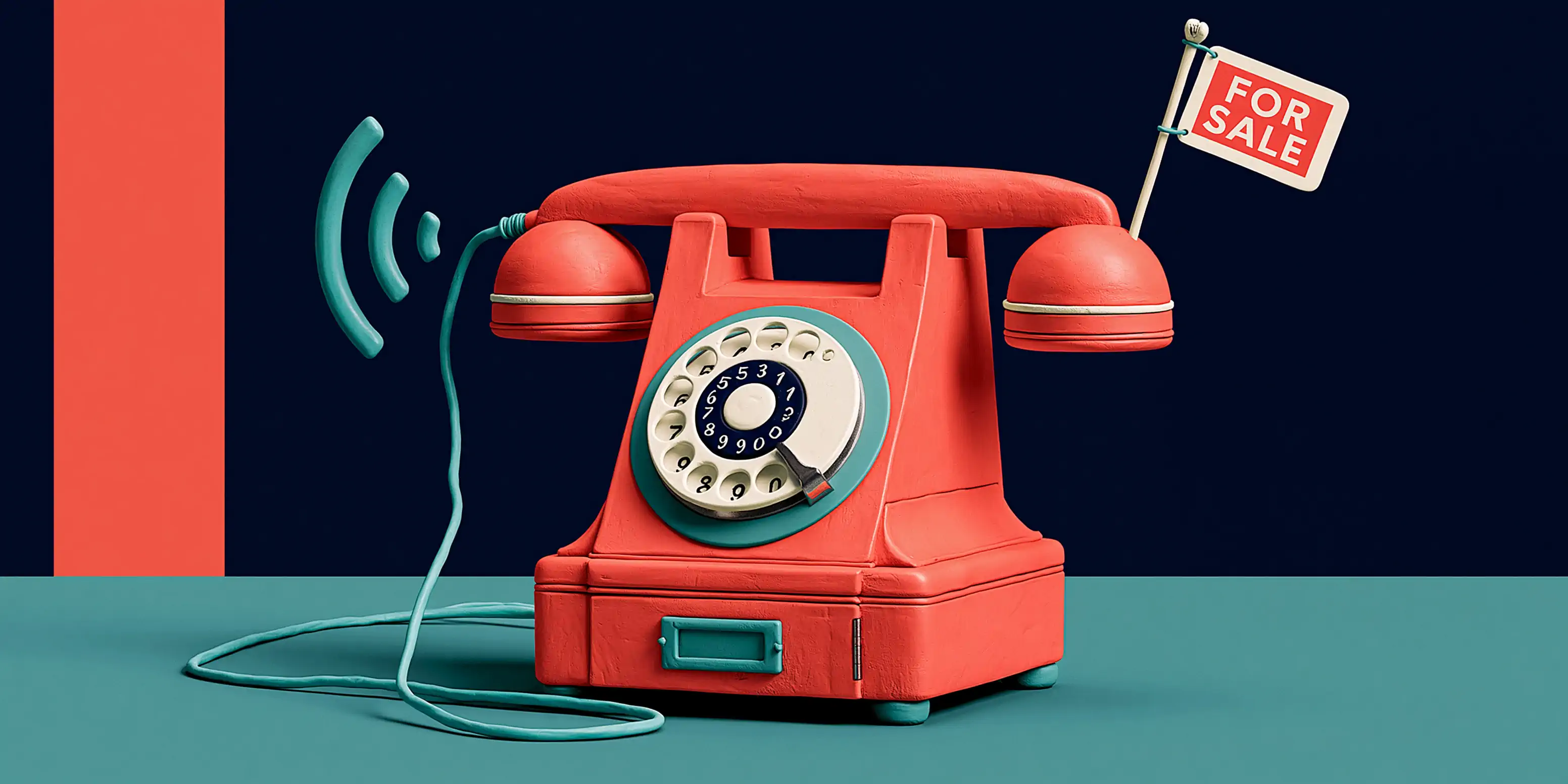 AI voice agent for real estate: a coral headset merged with a teal chat bubble over a model building, navy background