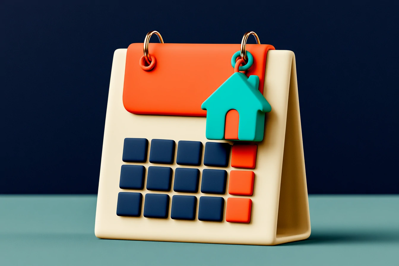 Real estate showing booked with AI: a teal calendar card with the appointment reserved and a coral confirmation check, navy background