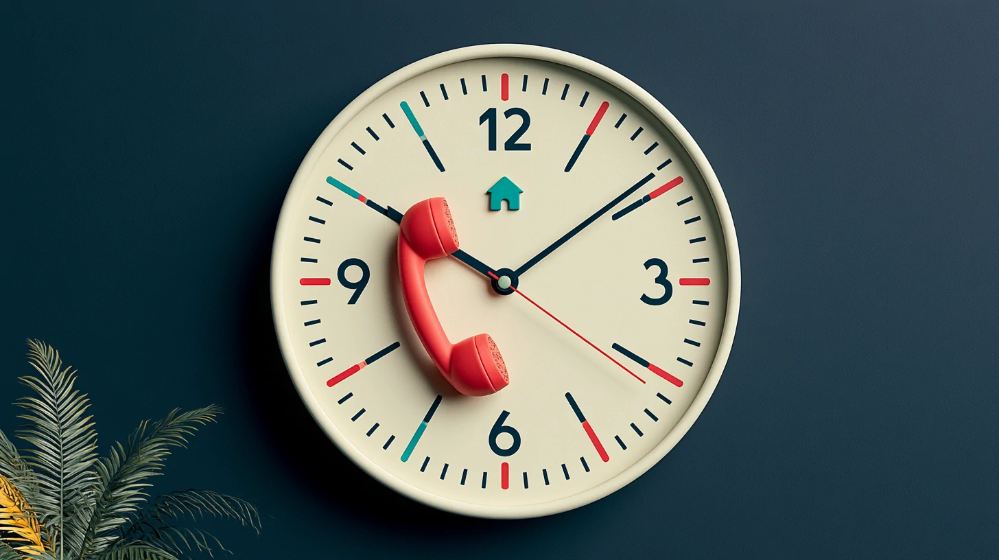 AI voice agent for real estate answering an after-hours call: a coral phone that picks up on its own next to a teal house key, navy background