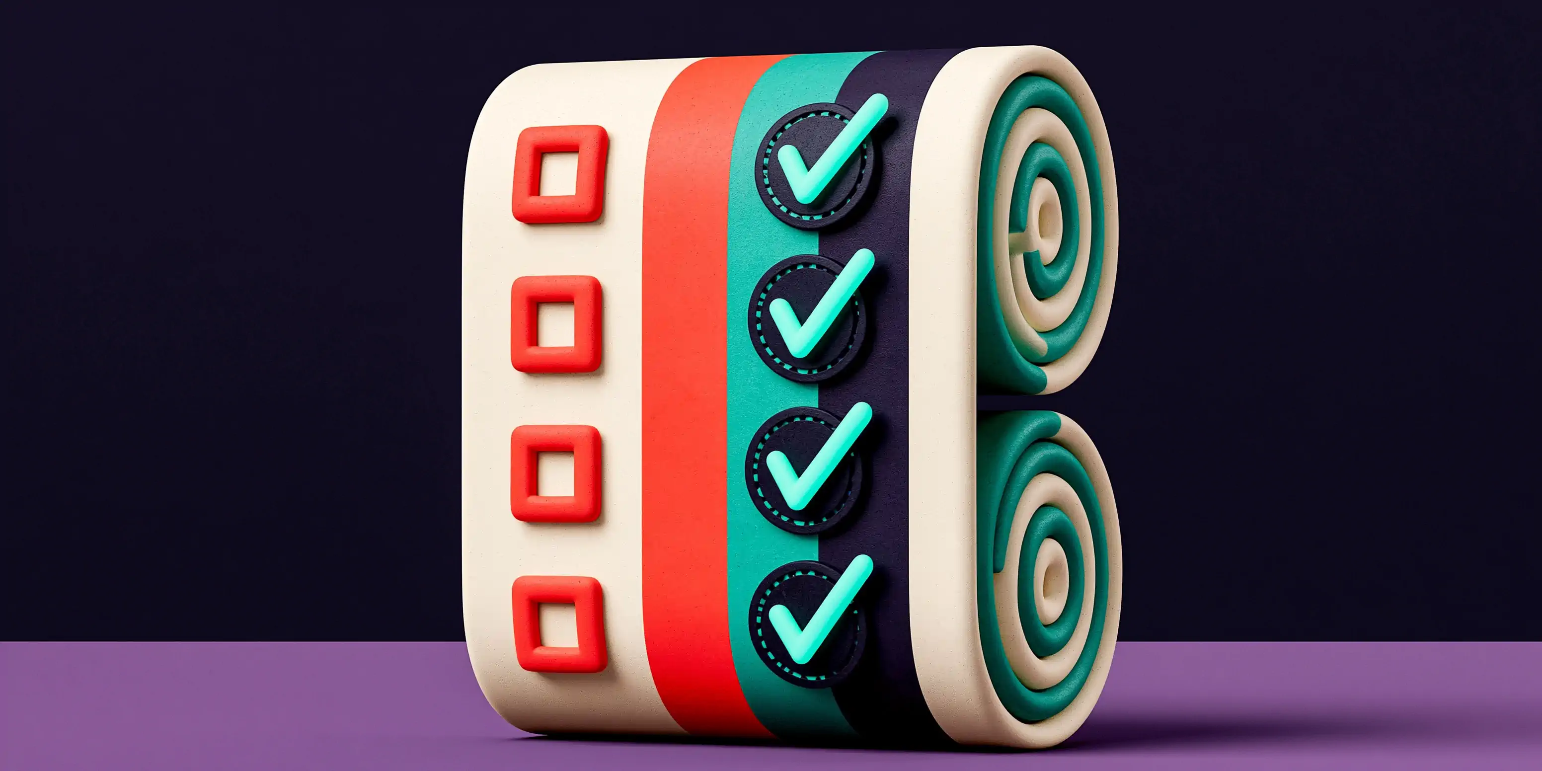 EU AI Act checklist for small businesses: a matte clipboard with seven rounded checkboxes, several marked with a teal check, on a solid navy background