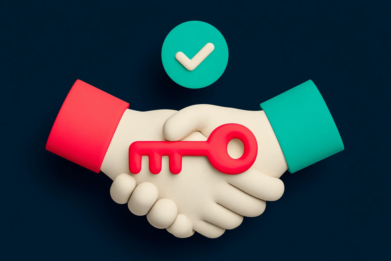 EU AI Act deployer: a matte key with a teal tag handed from one hand to another on a solid navy background, a symbol of shared responsibility between provider and business