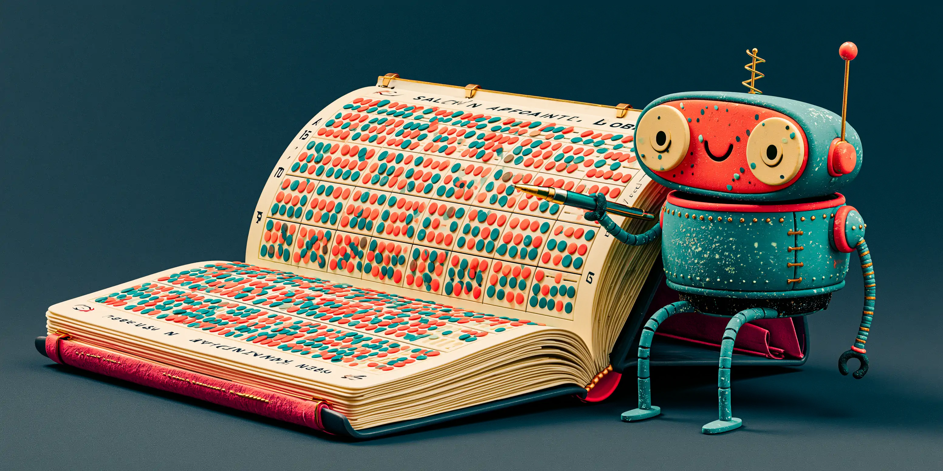 AI receptionist for hair salons: coral scissors and a teal phone showing a fully booked appointment calendar, matte clay style on navy