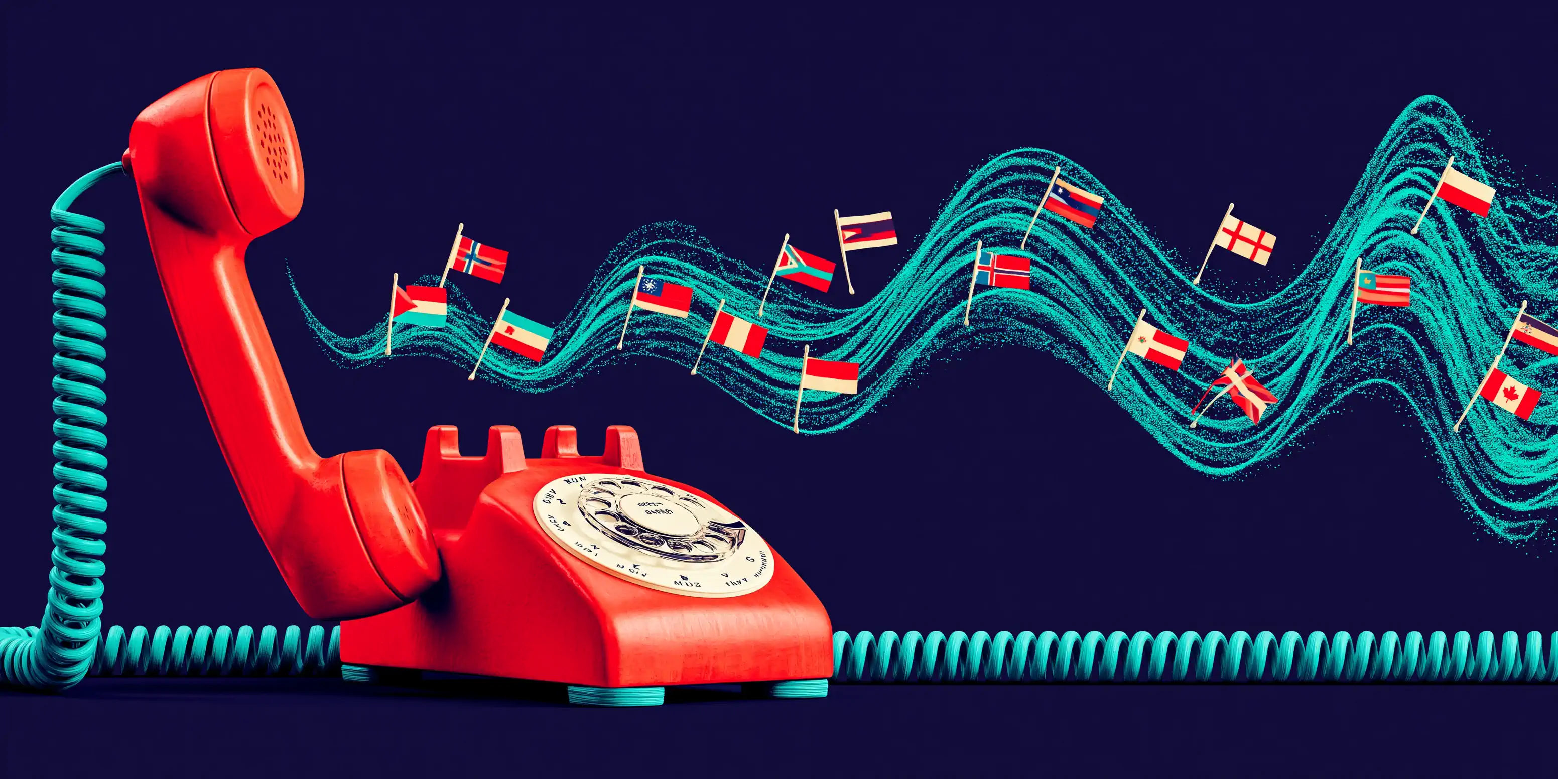 Multilingual AI customer service: a matte coral conversation bubble sprouting three teal threads with bone-colored language pennants on a navy background