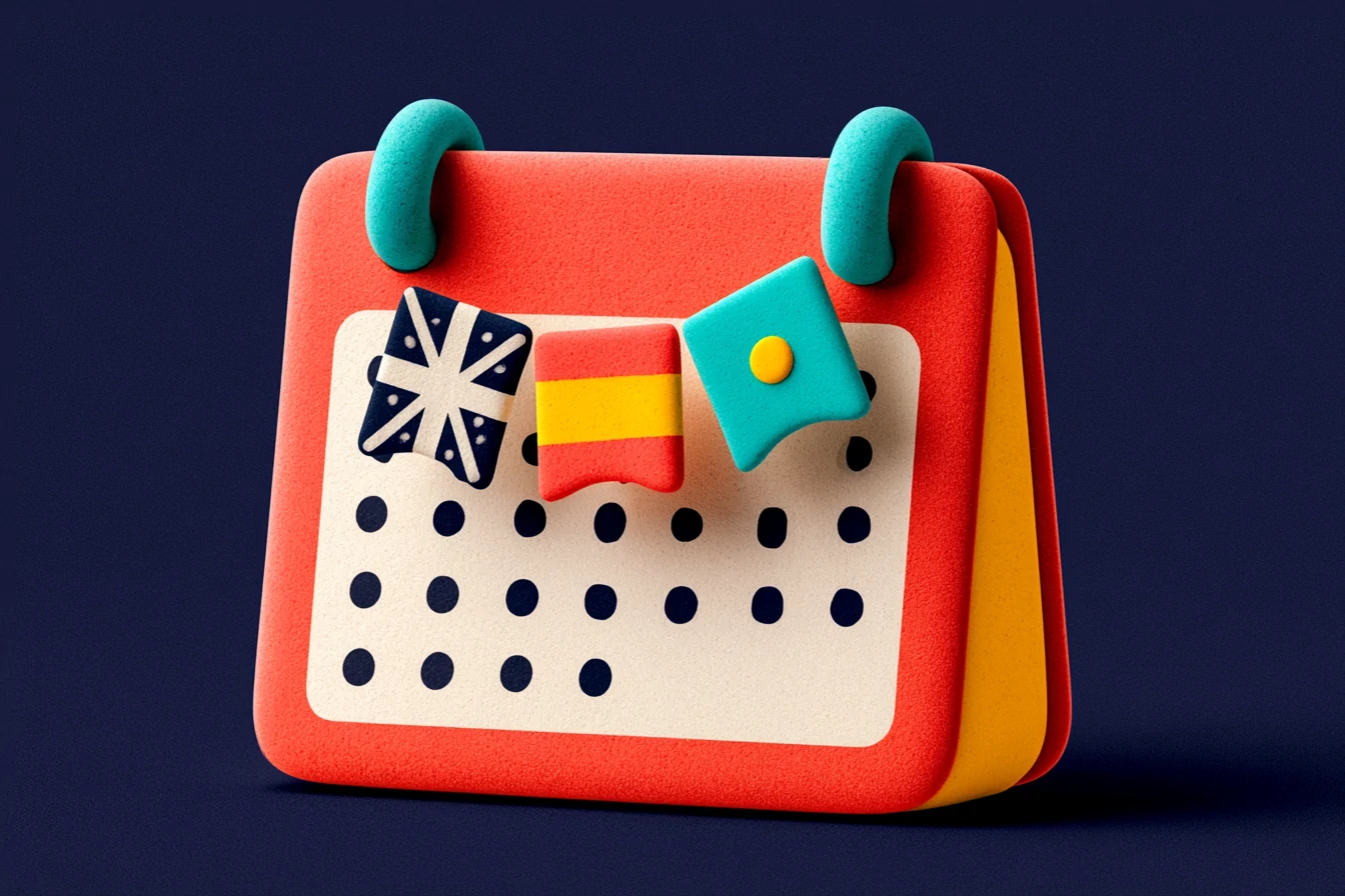 Multilingual service for hotels and real estate: a matte coral hotel key with a teal tag showing a chat bubble with a bone-colored language pennant on a navy background