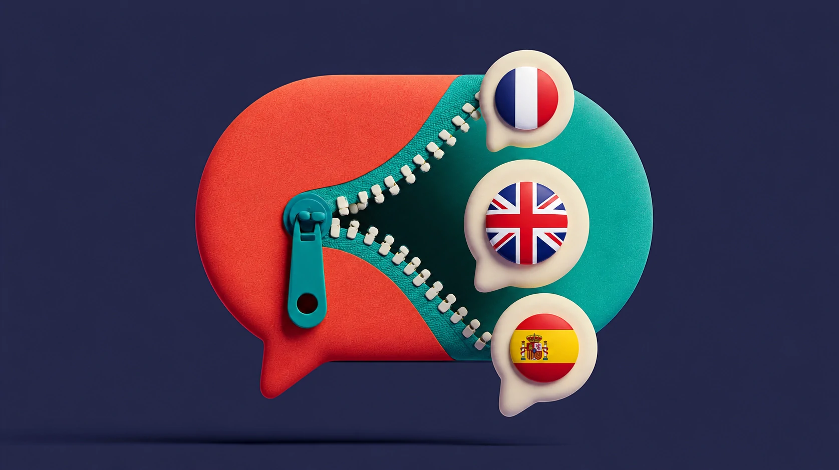 Multilingual AI customer service by voice: a matte coral switchboard headset with three teal waves branching out toward bone-colored language pennants on a navy background