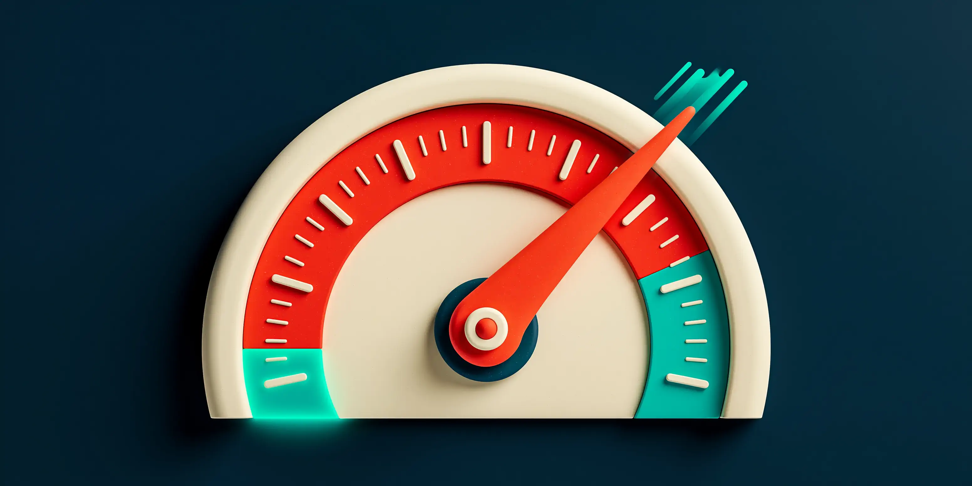 Clay speedometer measuring lead response time, its coral needle swung into the teal zone on a navy background