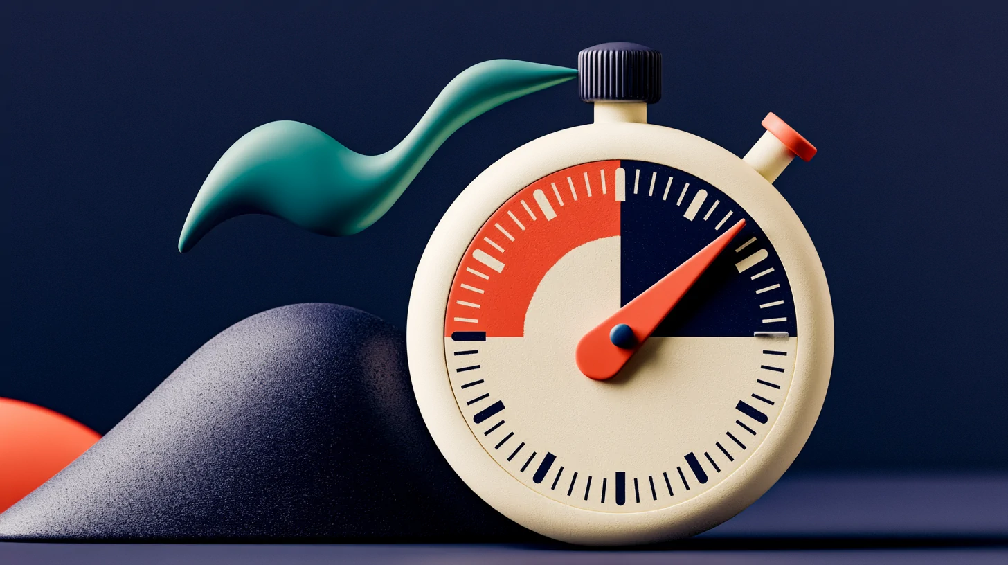 Clay stopwatch measuring lead response time, its coral hand stopped on the first second against a navy background