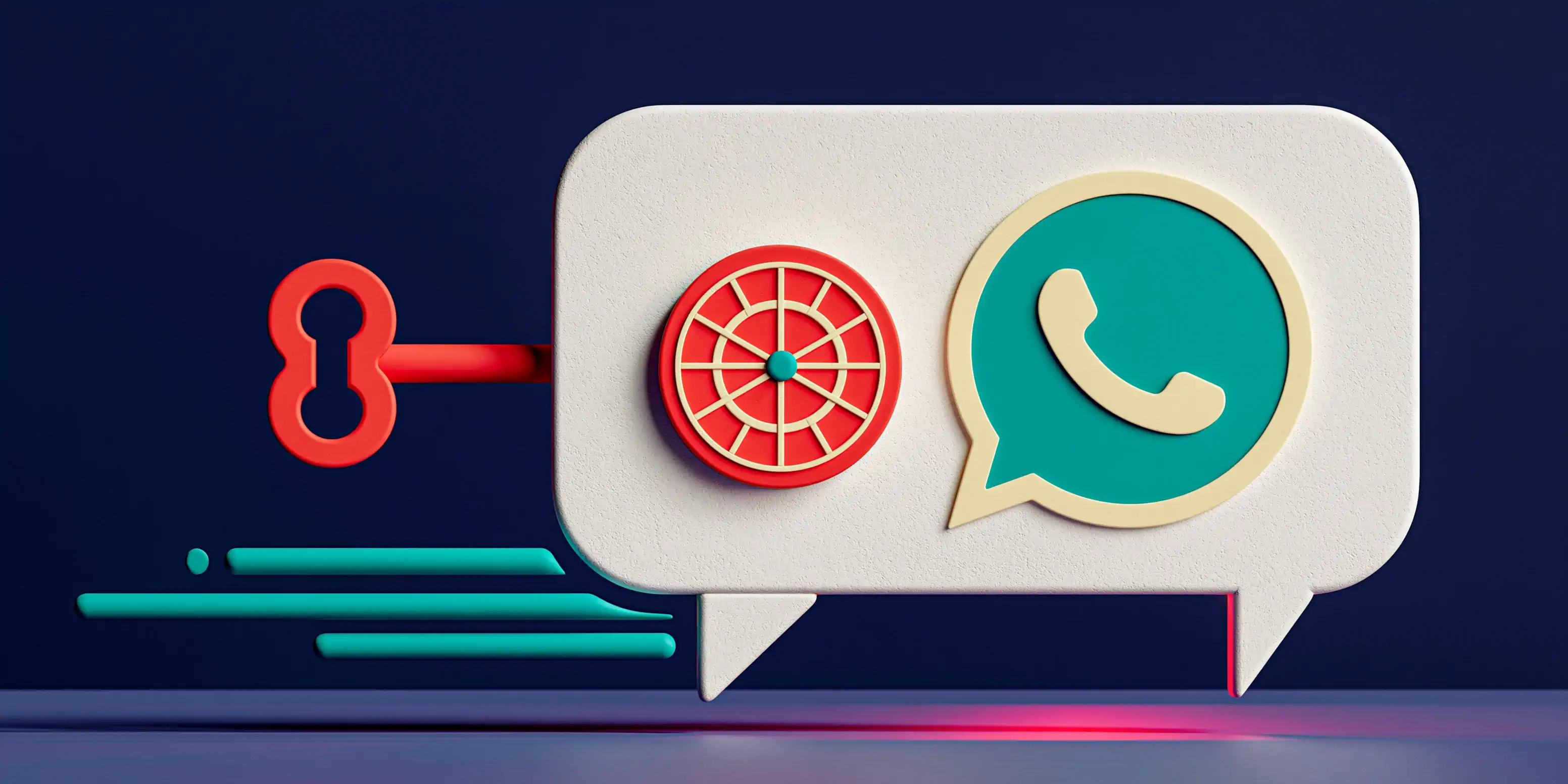 A sequence for automating WhatsApp follow-ups without code: a coral chat bubble moving along a conveyor belt with a teal hand ready for the handoff to a person, editorial-clay style on a navy background