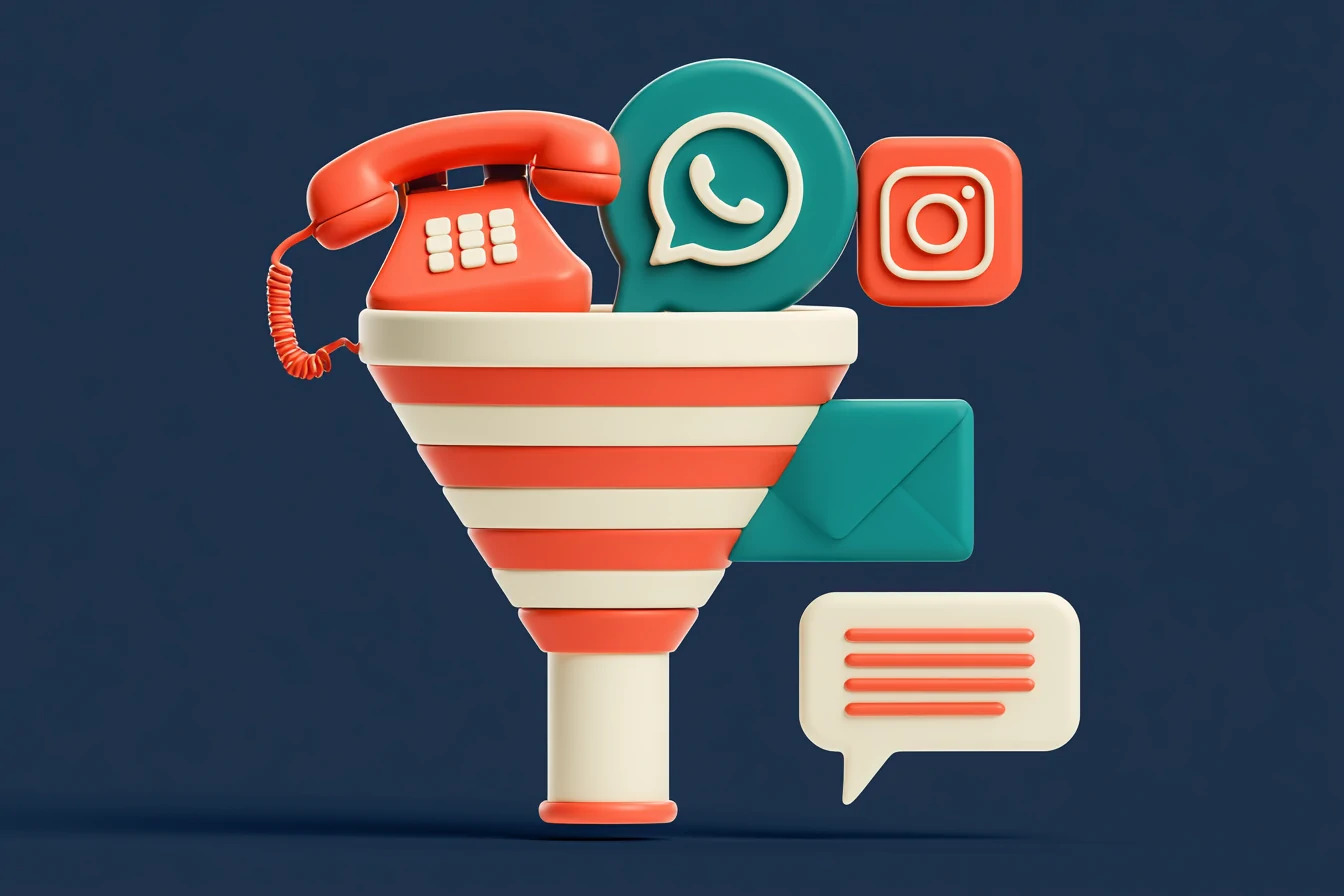 Omnichannel support: an editorial-clay funnel where phone, WhatsApp Business, Instagram, and email converge into a single shared inbox on a navy background