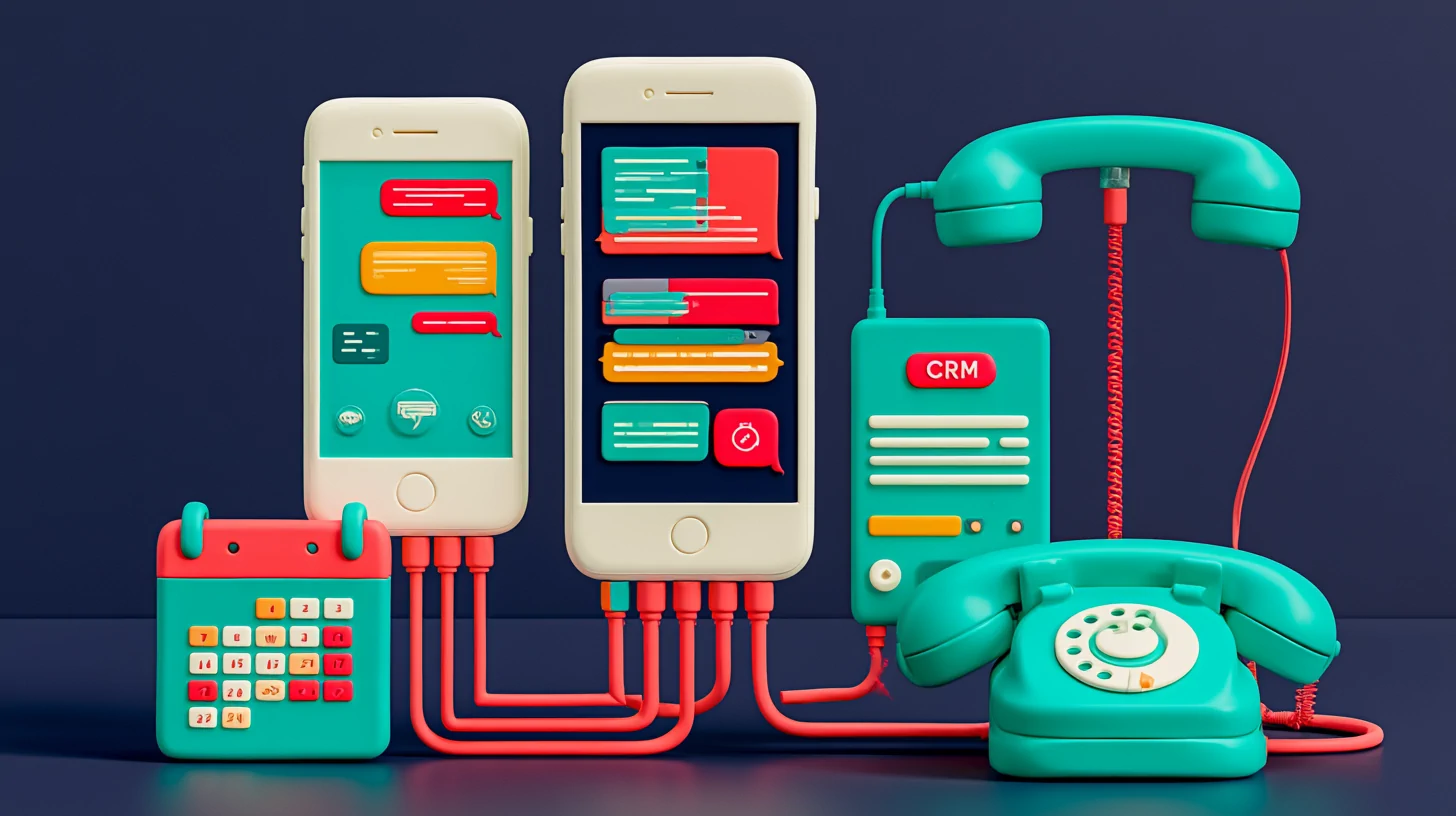 Automating WhatsApp Business: an editorial-clay phone with a WhatsApp conversation branching into calendar, CRM, and voice icons on a navy background