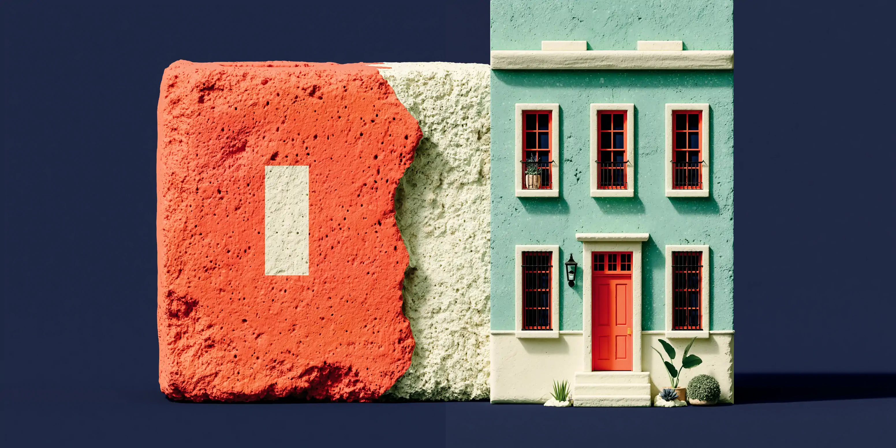 Build your own AI voice agent vs a platform: on one side loose coral bricks and gears (Vapi/Retell), on the other a finished teal building, on a navy background