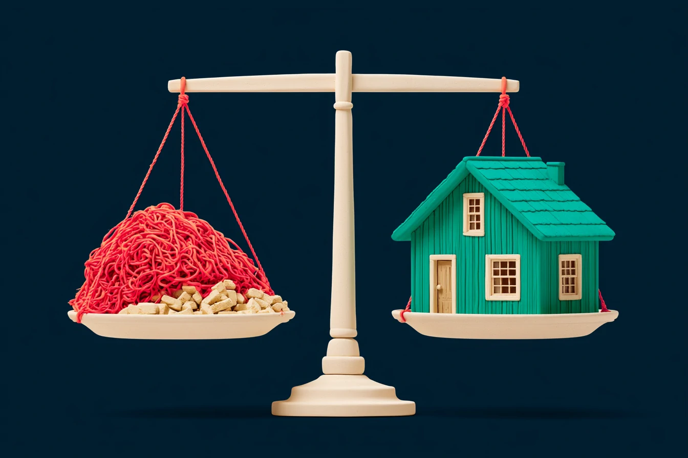 Build vs buy scale for an AI voice agent: loose coral Vapi and Retell bricks on one pan and a ready-to-use teal platform key on the other, on a navy background