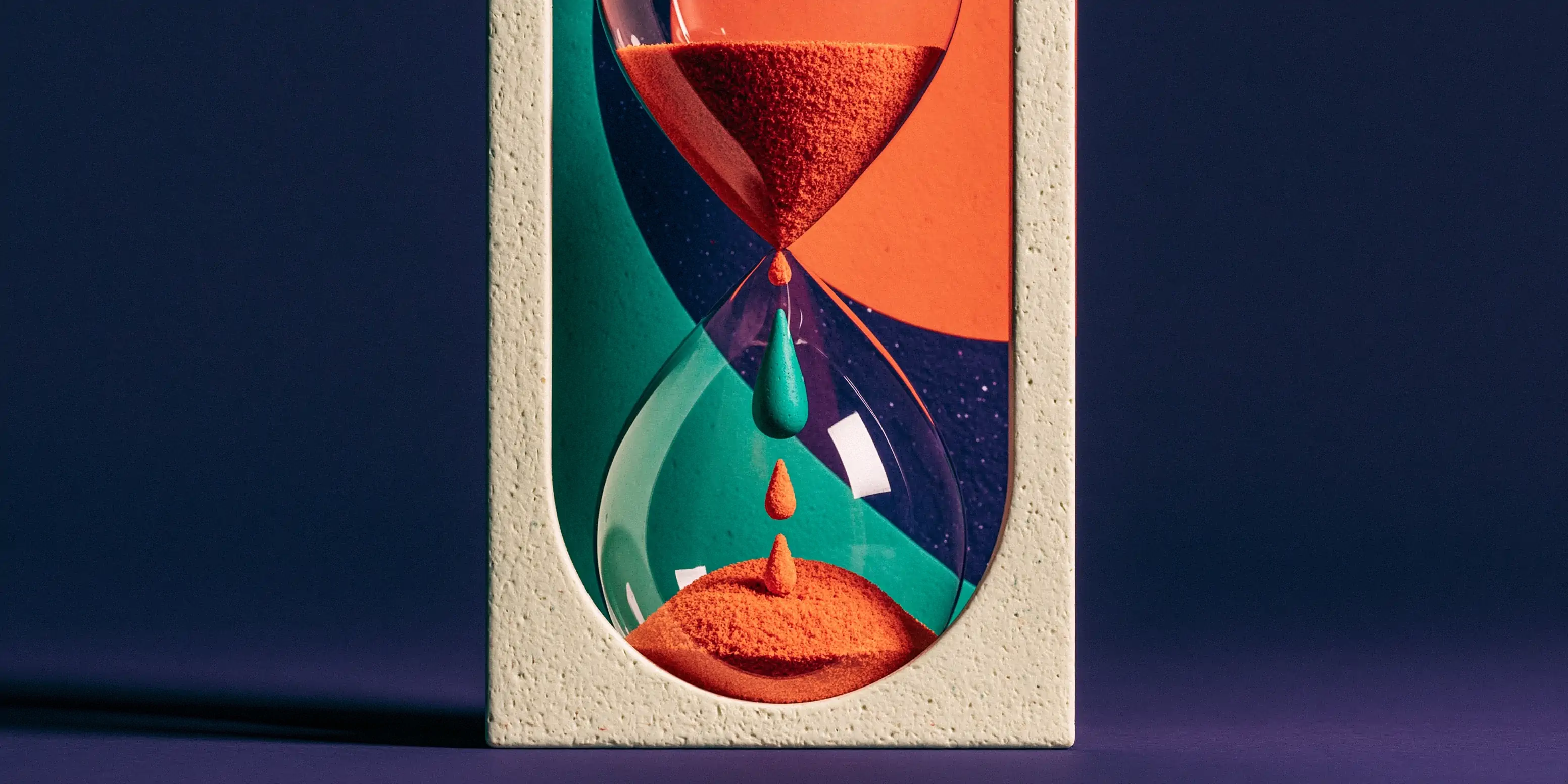 Follow-up cadence without being pushy: a coral clay metronome keeping a gentle beat next to a bone-white stop sign, with a teal balance point between them, on a navy background