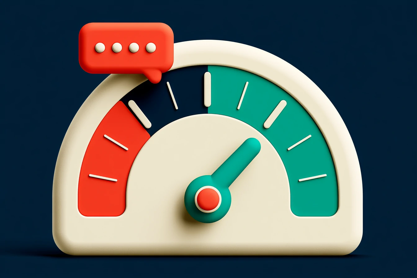 A WhatsApp number quality meter with the teal needle in the healthy zone next to a coral message bubble, on a navy background