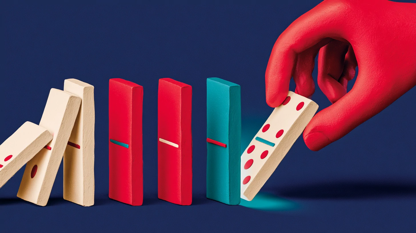 The 'no = stop' rule in a follow-up cadence: a coral clay switch in the off position halts a row of messages, with a teal balance point, on a navy background