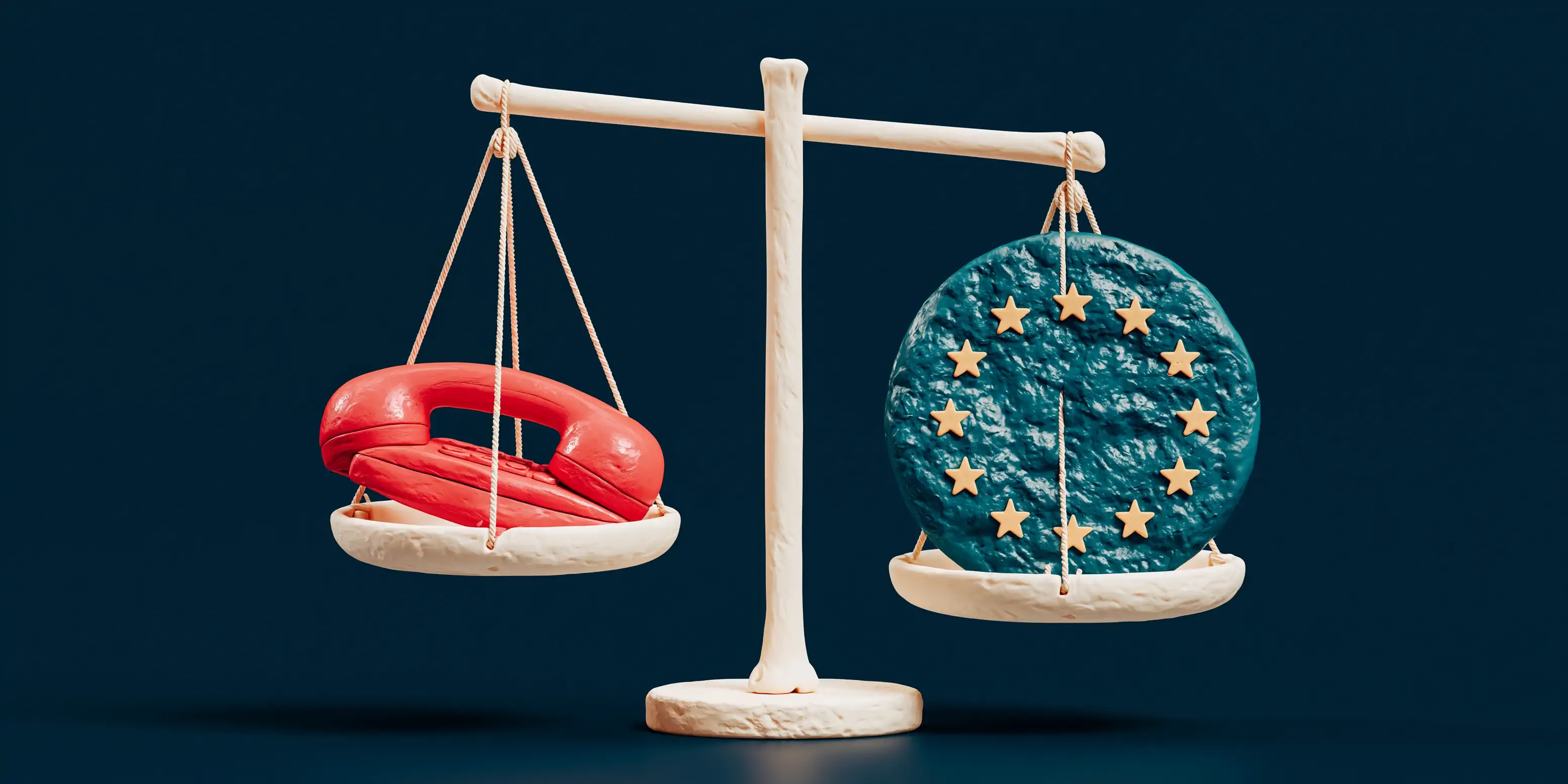 A matte clay scale of justice in balance, illustrating whether it's legal to use an AI voice agent for customer service: a speaker on one pan and an EU star on the other, on a navy background