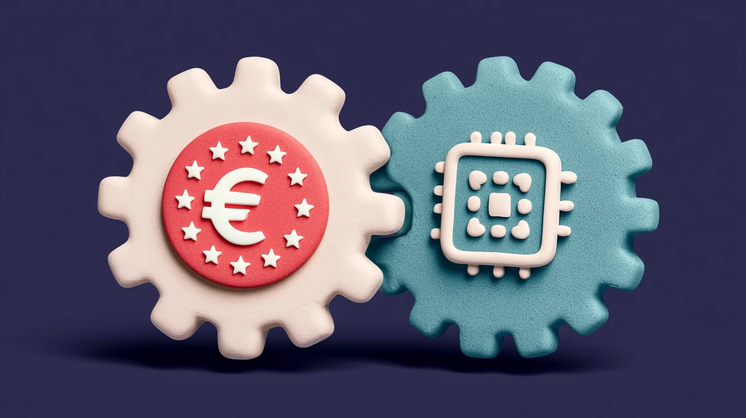 Two interlocking matte clay gears representing GDPR and the AI Act—one with the EU stars, one with a microchip—turning together on a navy background