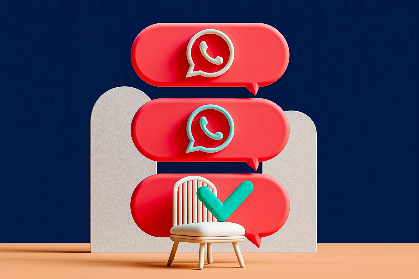 WhatsApp reminders that reduce no-shows: a bell over a chair that goes from empty to occupied, with three WhatsApp bubbles in a chain