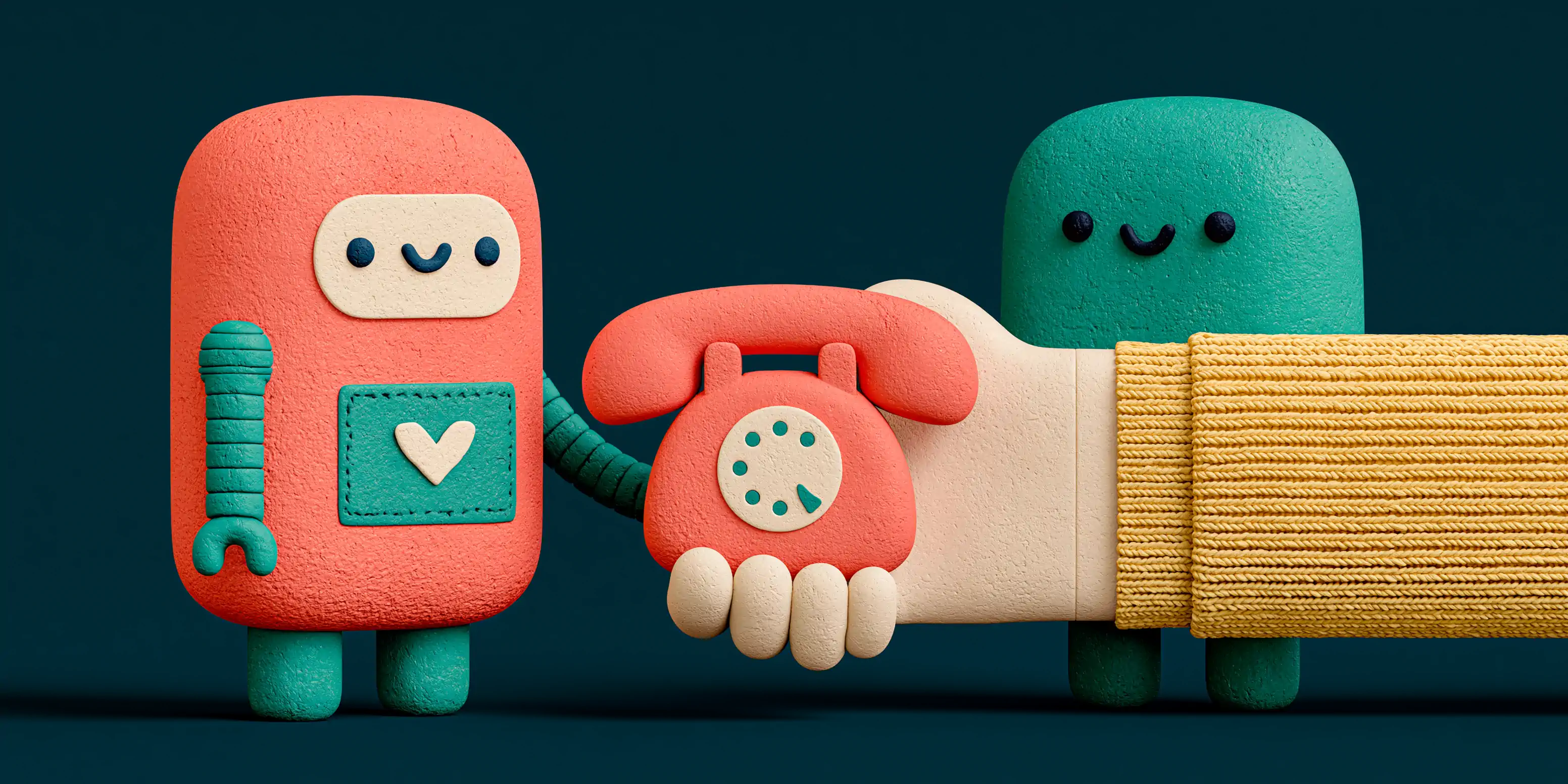 A customer service agent and an AI voice agent shaking hands over a counter, a symbol of the hybrid model