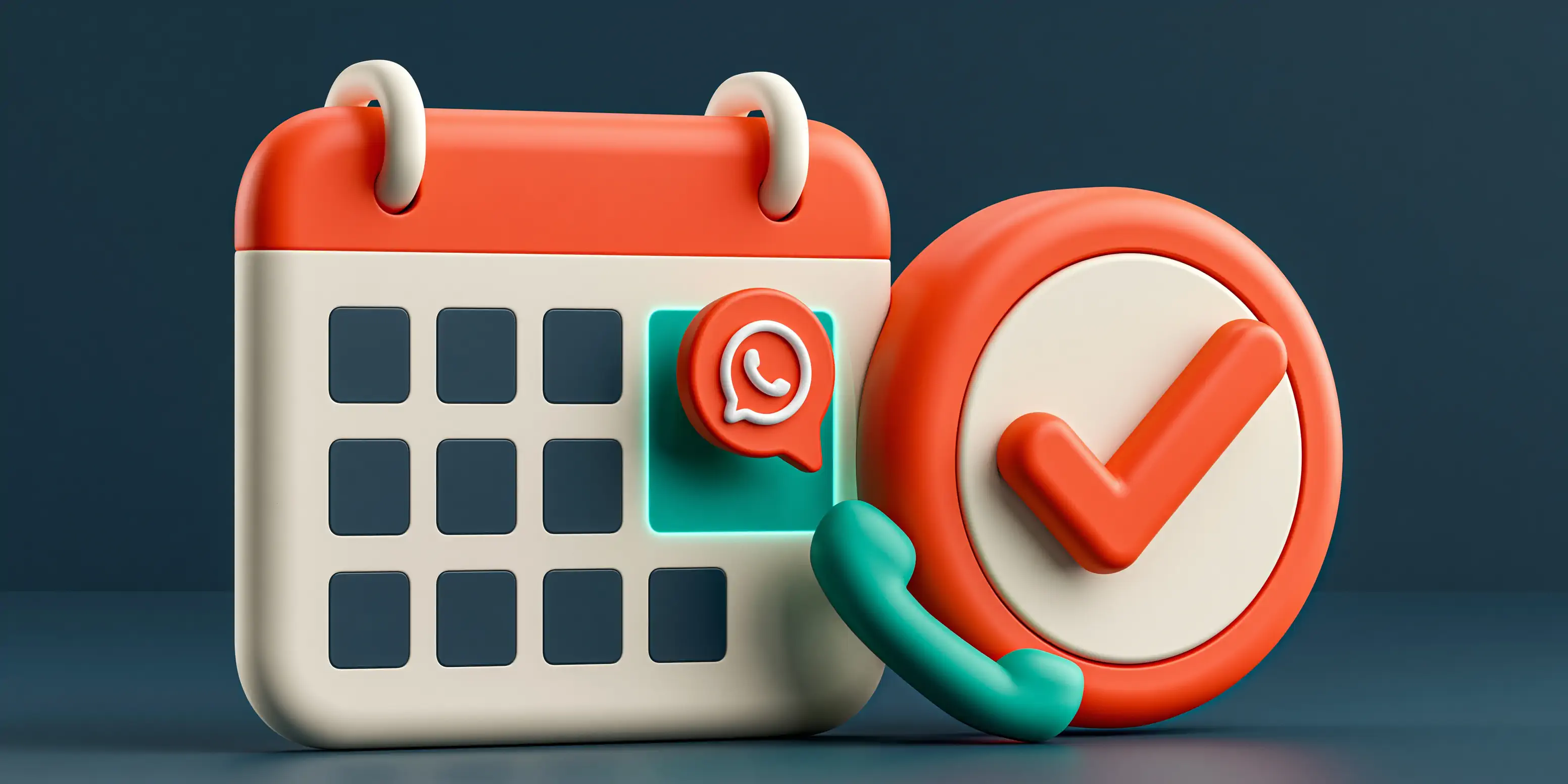 A WhatsApp bubble and a phone handset converging on a Google Calendar slot that books itself with a checkmark
