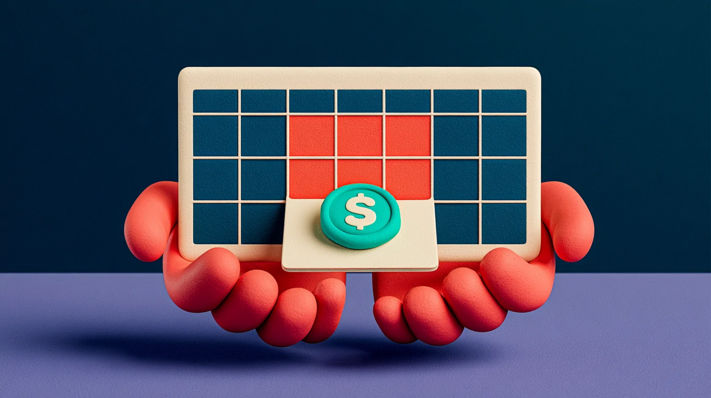 Charging a booking deposit by holding the spot: a coral deposit sets a slot aside on a navy calendar, Totem editorial-clay style