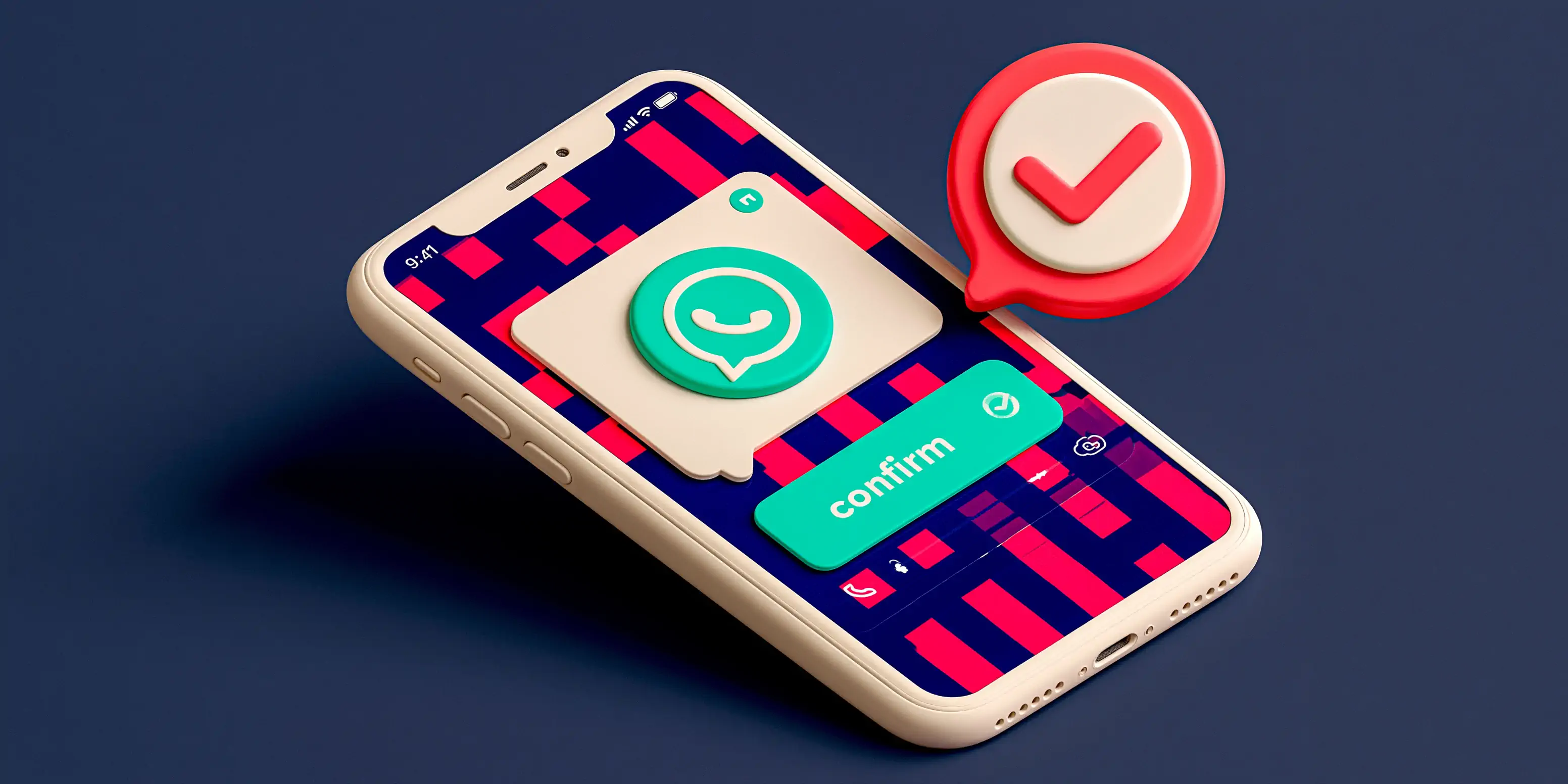 A WhatsApp appointment confirmation template on a phone: a bubble with a teal check and a confirm button next to a calendar with the appointment marked, navy background with coral and teal accents