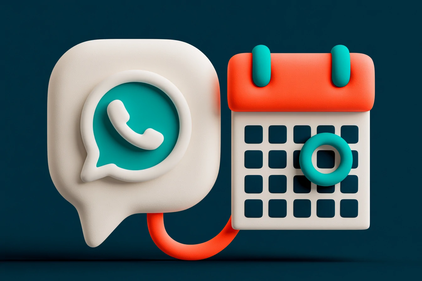 A WhatsApp appointment reminder anchored to the calendar: a bubble with a teal check linked by a line to the appointment marked in Google Calendar, which readjusts on its own if you change the time