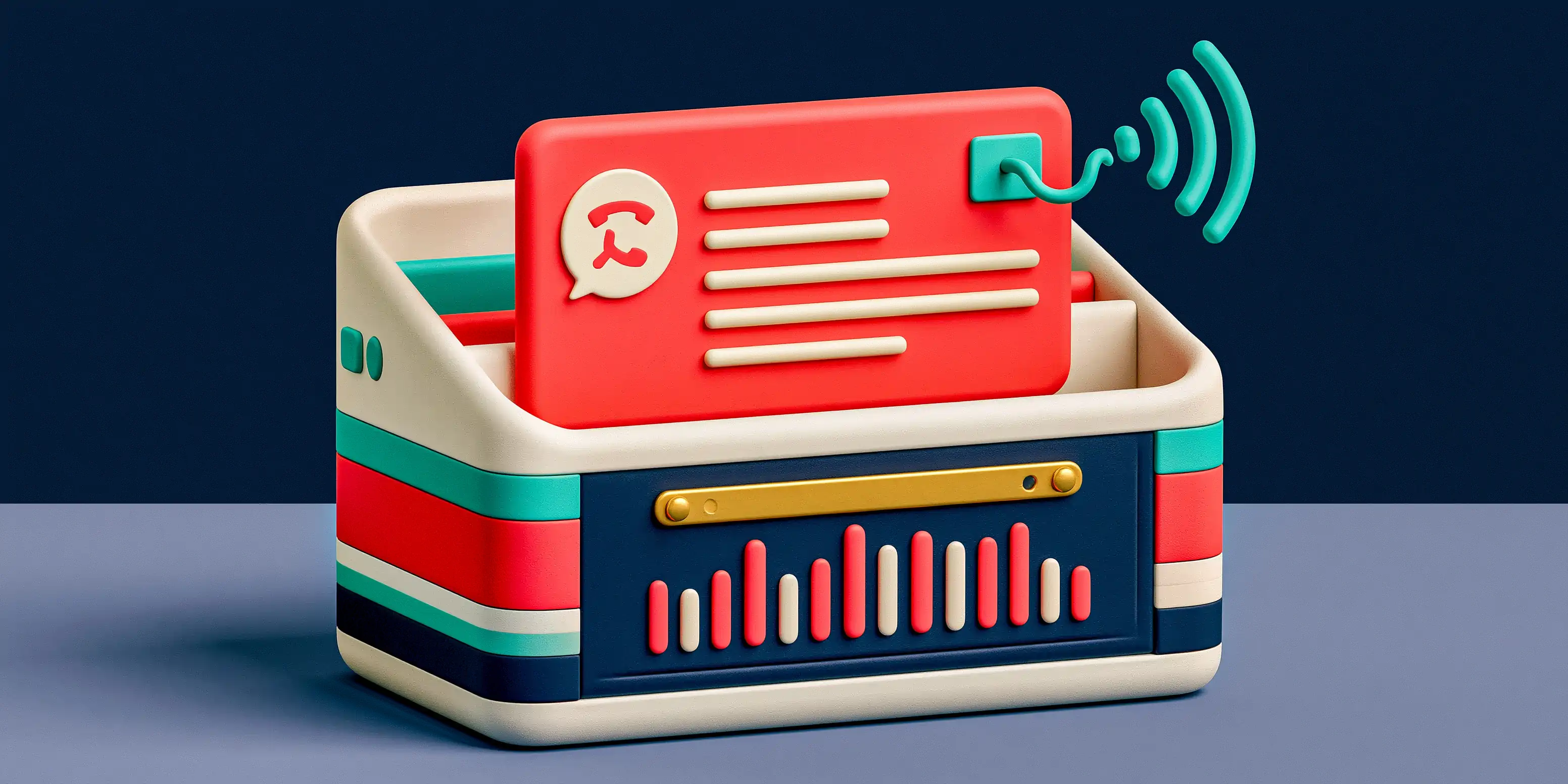 Do I need a CRM for my small business: a clay figure at a bone-white counter with a tidy coral client card file floating beside it, on a navy background