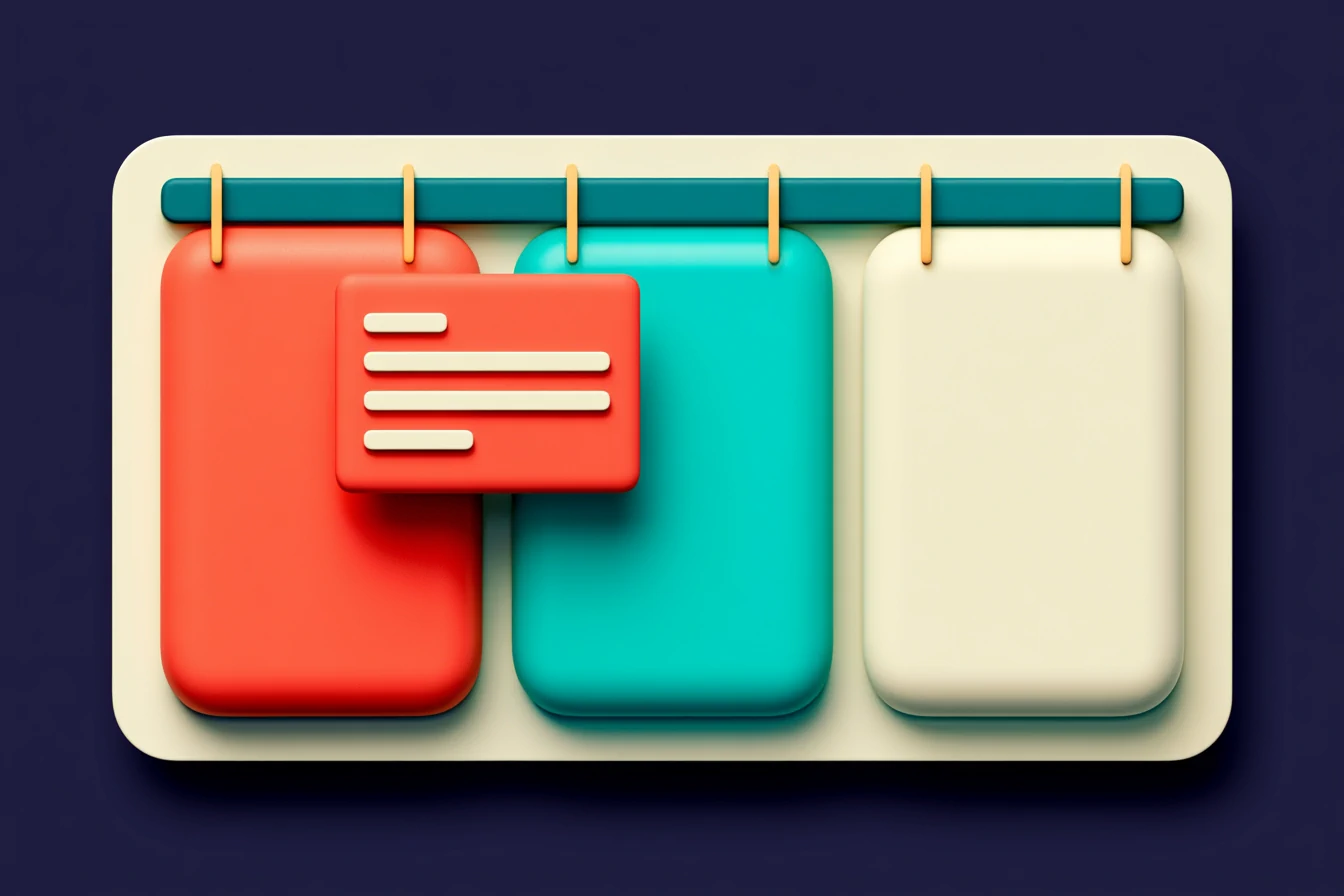 A simple Kanban-style CRM for small businesses: a clay board with bone-white columns and a coral customer card sliding itself into the right column