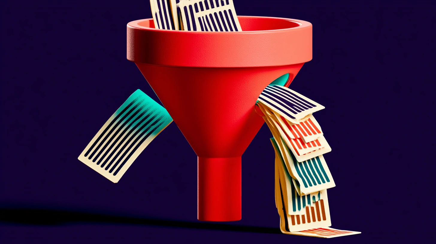 No CRM at a small business: a coral clay funnel with customer cards falling and a lead escaping through a crack into the navy background