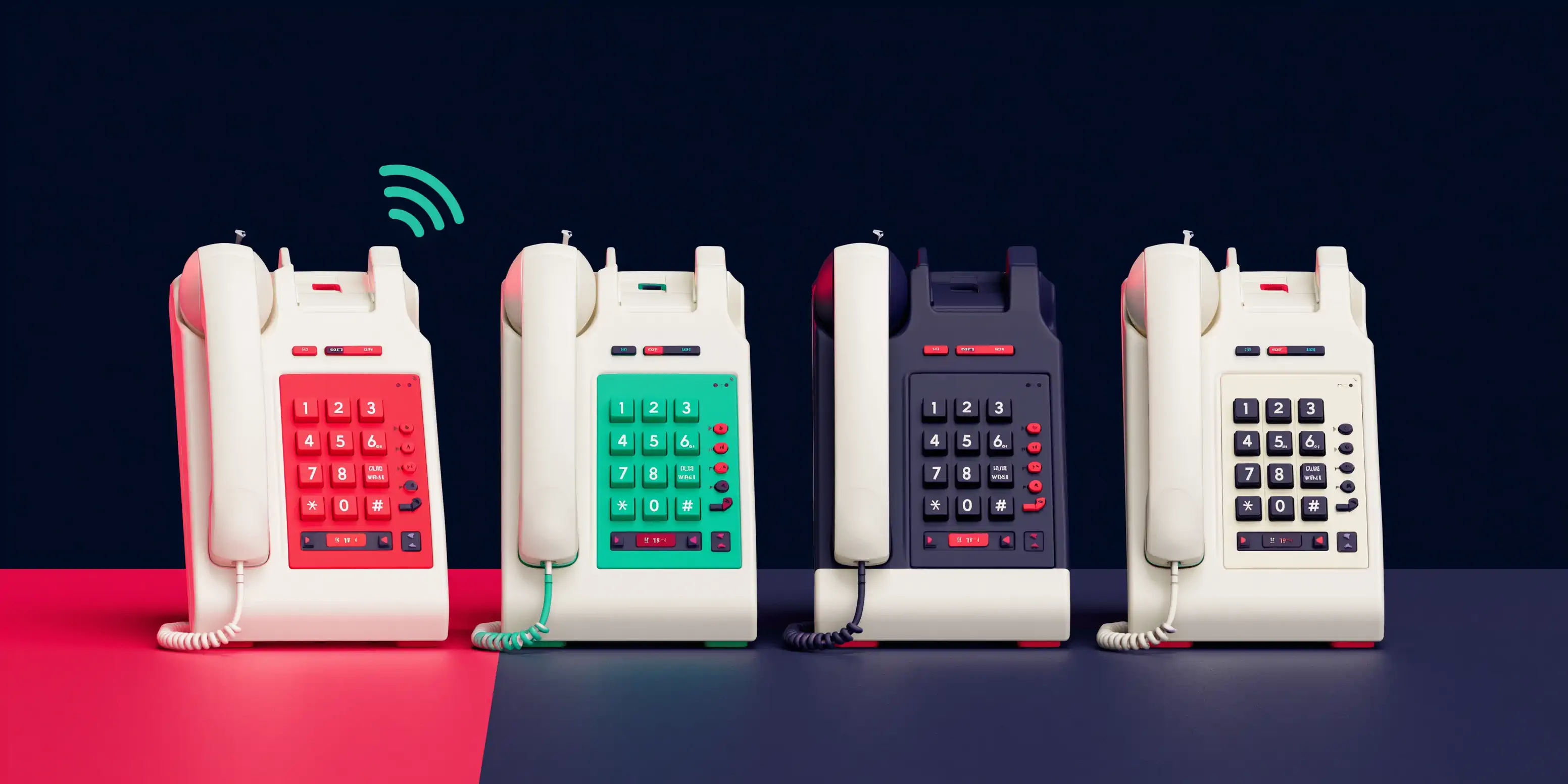 Four matte-clay phones in a row, one lit up in coral and three switched off, illustrating how much missed calls cost depending on the industry, on a navy background