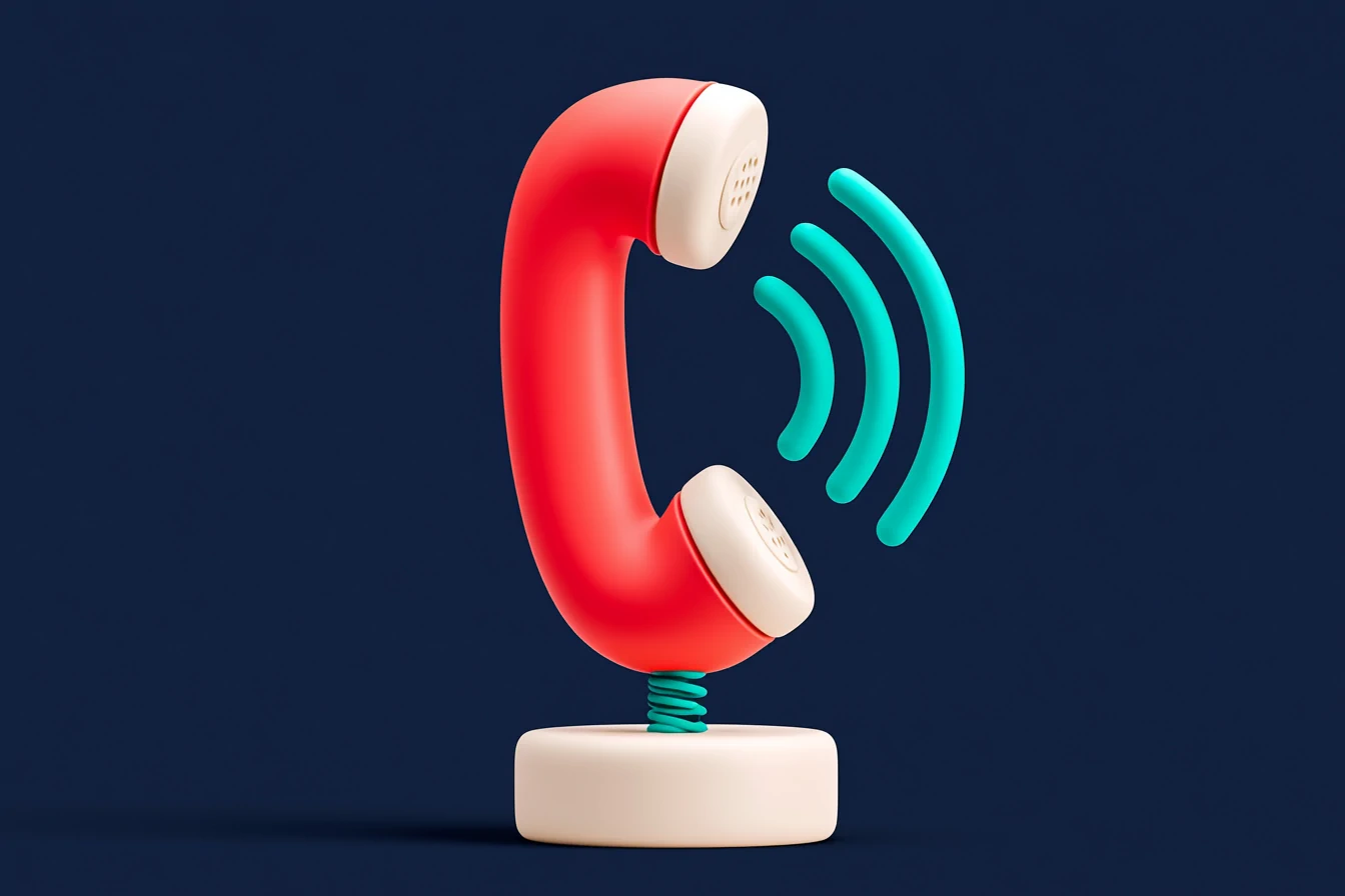 A matte-clay telephone handset lifting itself in coral while a clock strikes second one, a symbol of an AI agent that answers so no call is missed, on a navy background