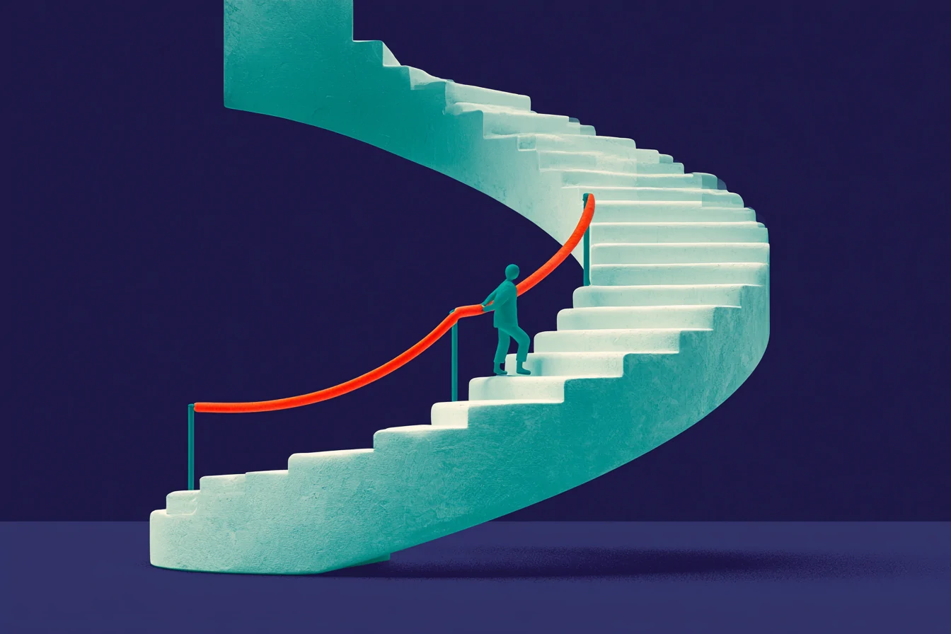The five follow-ups a sale takes, shown as five clay steps with a figure moving past the second one